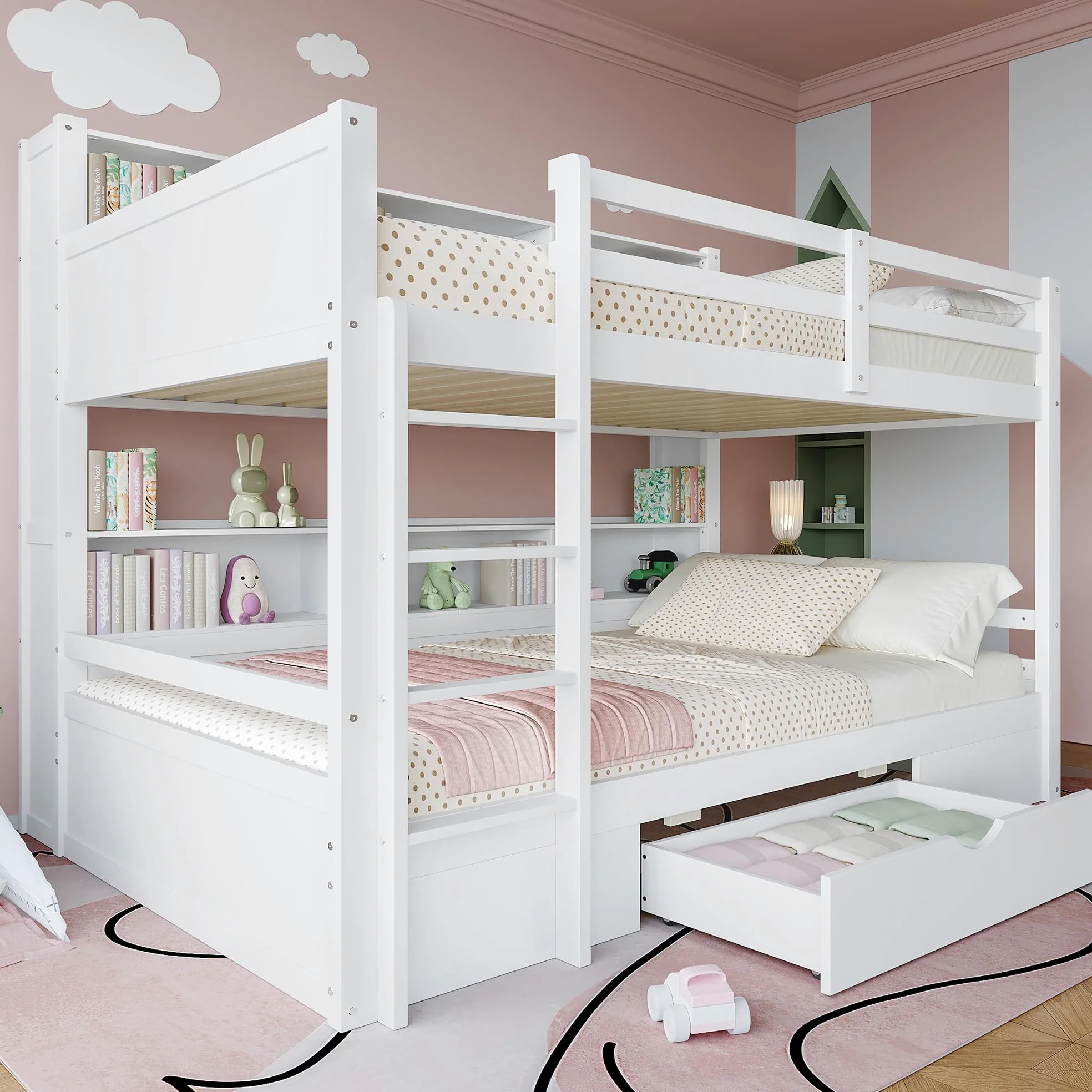 Letto a castello, 90 x 200 cm, in legno, con rete a doghe, cassetti e scomparti di stoccaggio, per adulti, adolescenti (bianco, 90 x 200 cm)