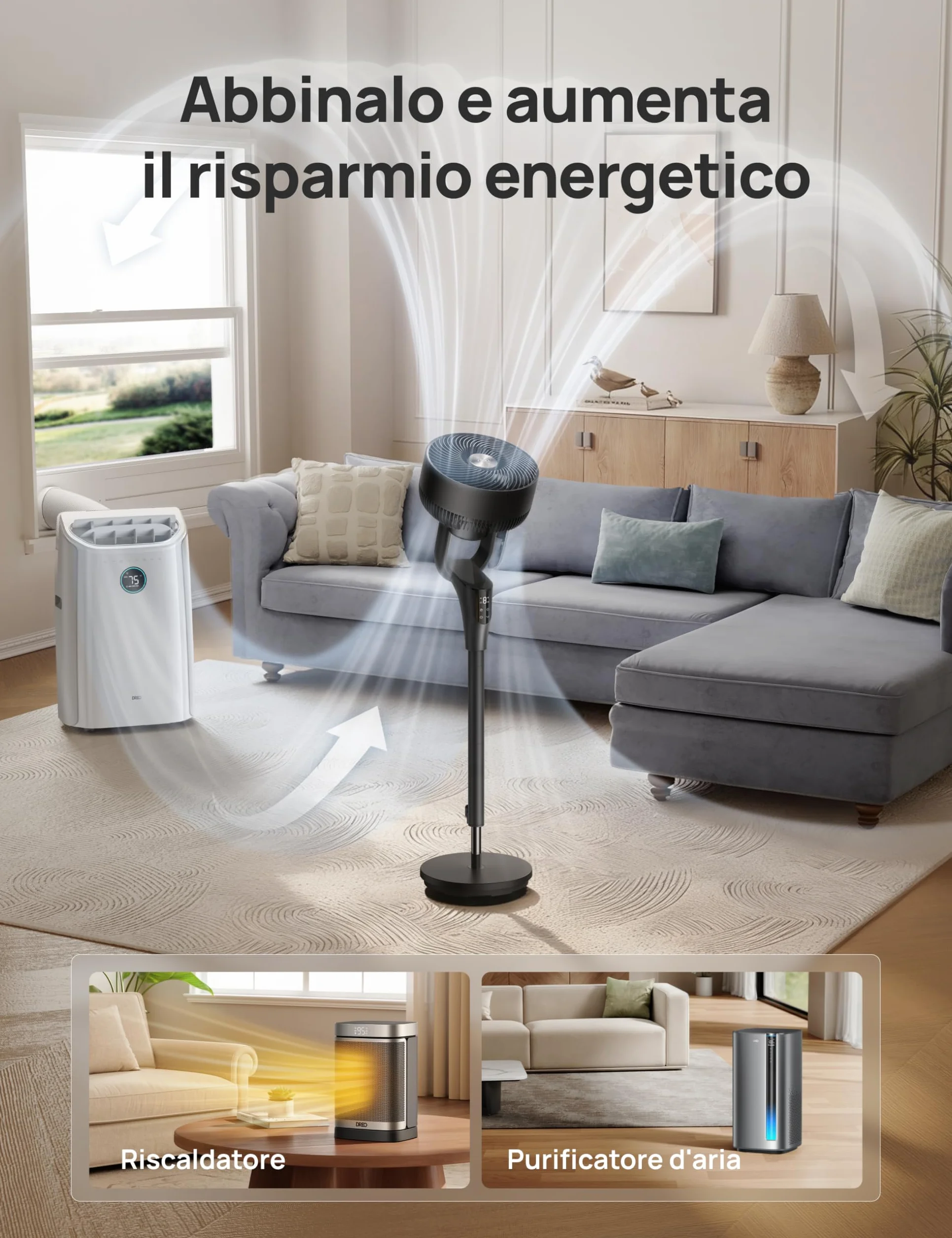 DREO Ventilatore a Piantana Silenzioso per Camera da Letto [Aggiornato], Flusso d’Aria 27m, 20dB, Oscillazione 90°, Motore DC, 8 Velocità, 3 Modalità, Altezza 96–106cm, Timer 8H, Inclinazione 105°