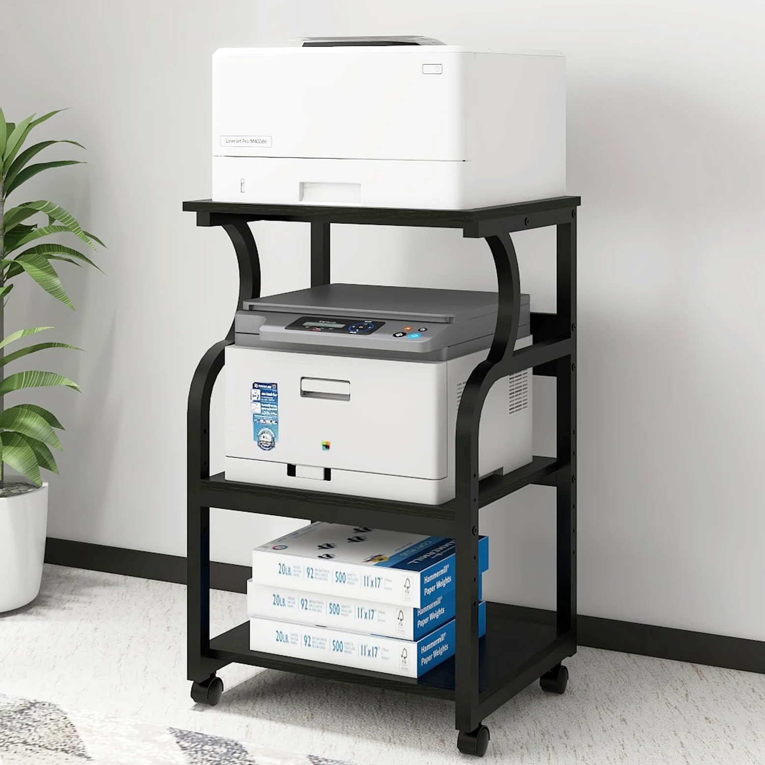 PUNCIA Grande supporto per stampante, 50 x 40 x 73 cm, con ripiano regolabile, carrello a 3 livelli con ruote per organizzazione di casa e ufficio, ripiani multifunzione per pressa a caldo, stampante