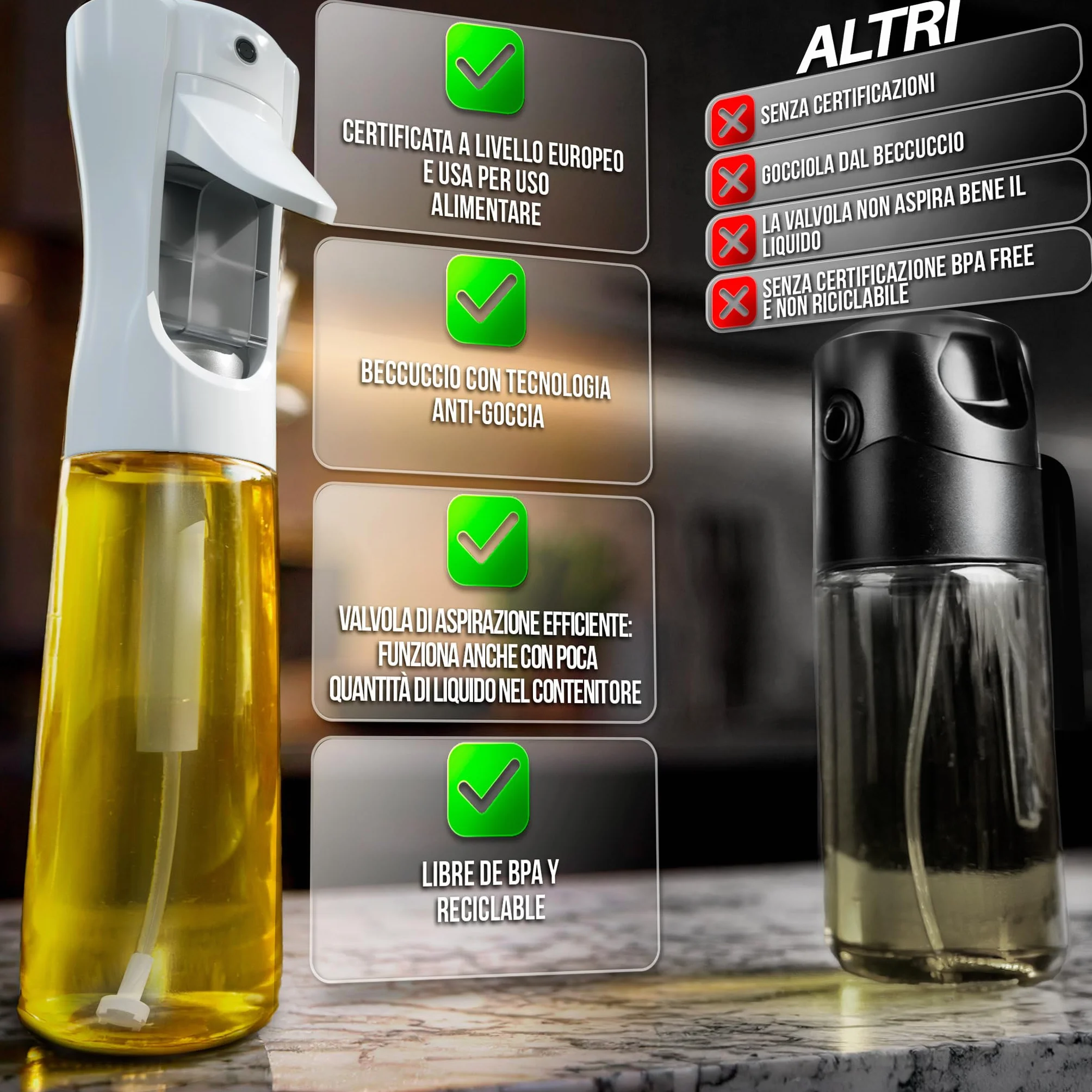 Spruzzatore di olio spray per cucina, olio d'oliva e limone, distributore dosatore per aceto