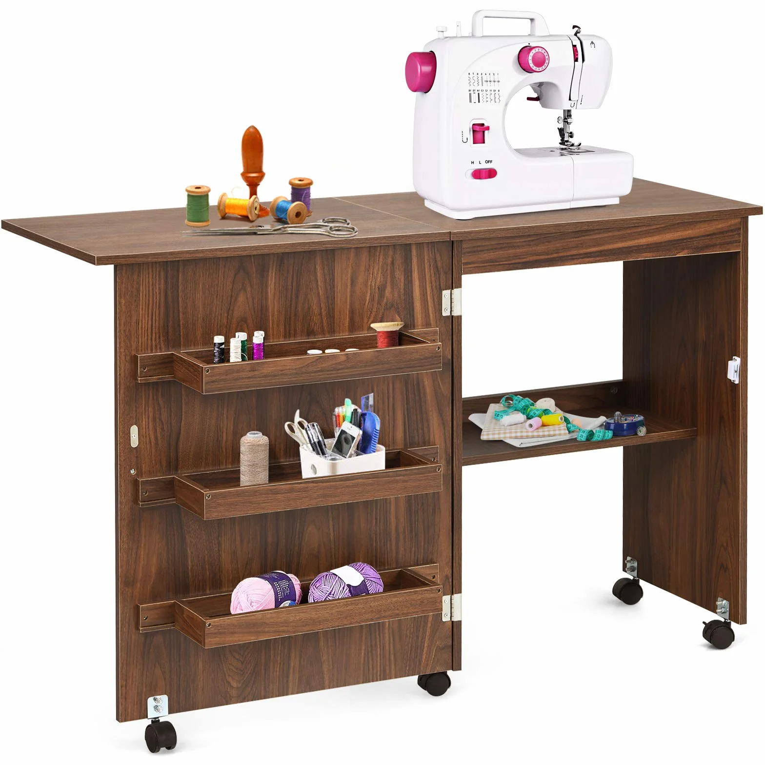 GYMAX Mobile per Macchina da Cucire, Tavolo Cucito Pieghevole Richiudibile, con Ripiani Portaoggetti e 5 Ruote, 118,5 x 40 x 79,5 cm (Marrone Scuro)