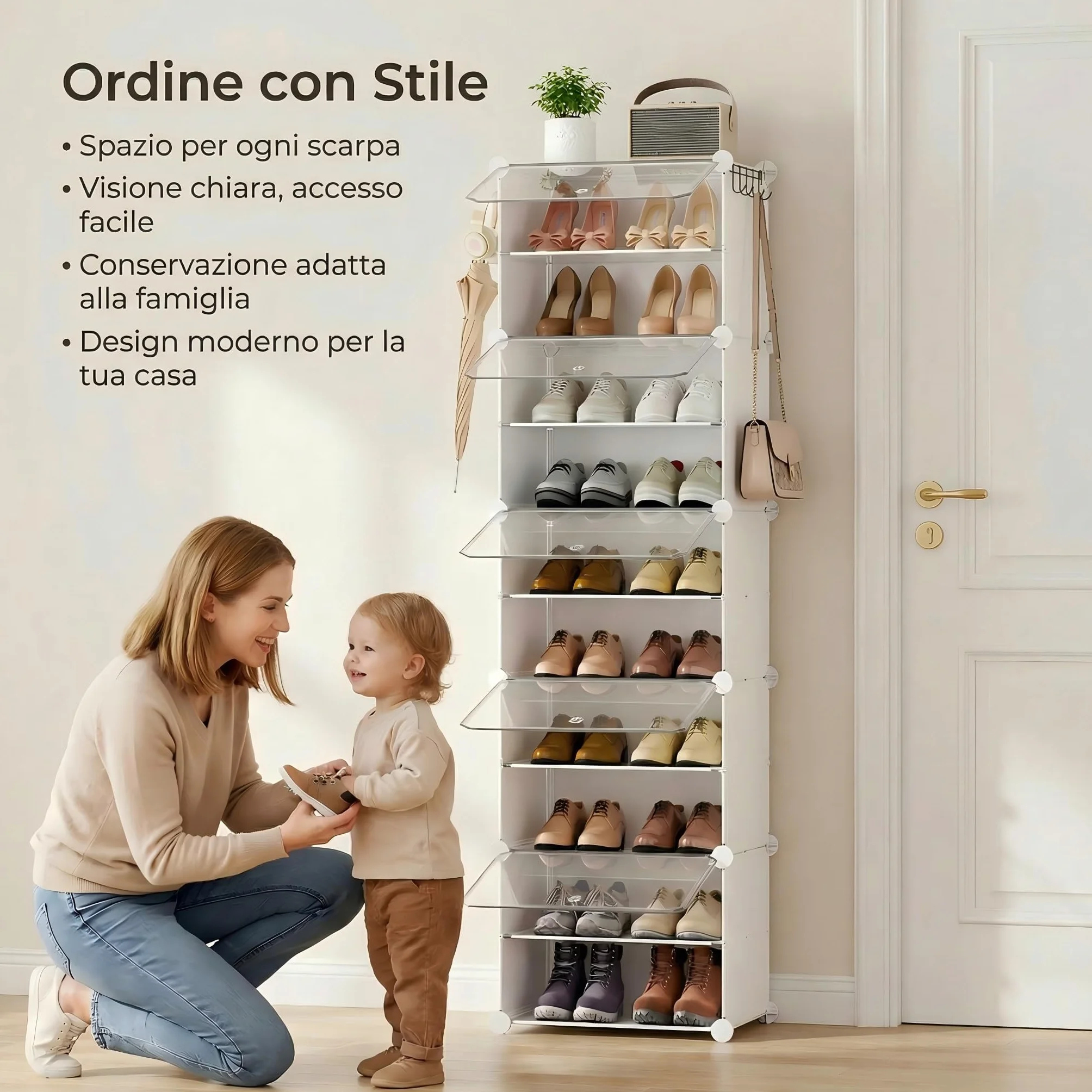 Scarpiera salvaspazio slim alta e stretta 10 livelli con porta bianca plastica modulare per ingresso corridoio camera da letto