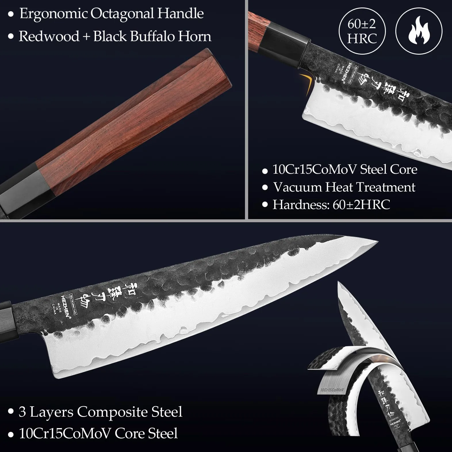 HEZHEN Set di Coltelli da Cucina Ceppi Portacoltelli, Coltello Santoku Stile Giapponese Coltelli da Chef, Forbici da Cucina Blocco Coltelli in Legno di Acacia