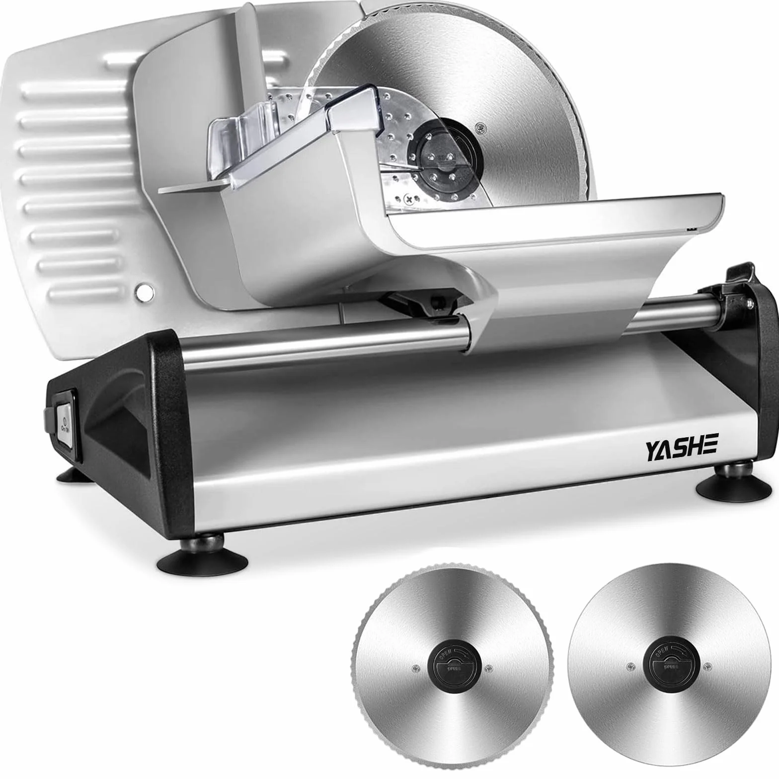 YASHE SL-518 Affettatrice Elettrica da Casa - Affettatrice Professionale 250W con Spessore Regolabile da 0 a 15mm, 2 Lame Rimovibili in Acciaio Inox da 19cm, Blocco di Sicurezza e Piedini a Ventosa