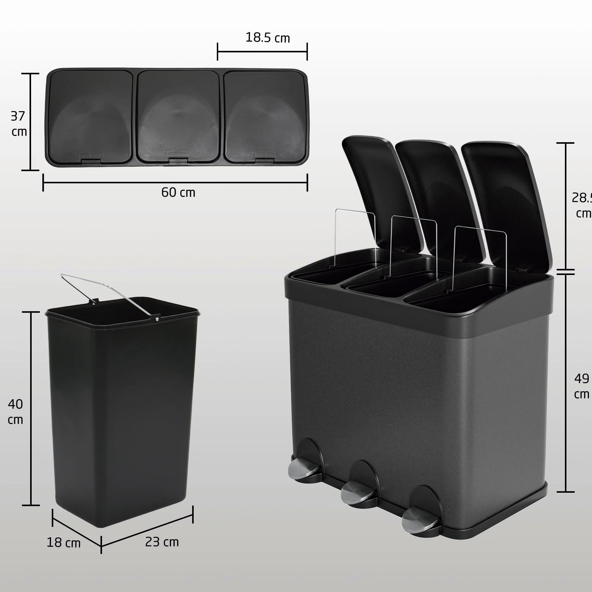 Amig - Pattumiera tripla con pedali 45 litri Mod. RECIK3-3 scomparti estraibili da 15 litri - Pattumiera per raccolta differenziata da cucina - Acciaio - Dimensioni: 60 x 37 x 49 cm - Nero opaco