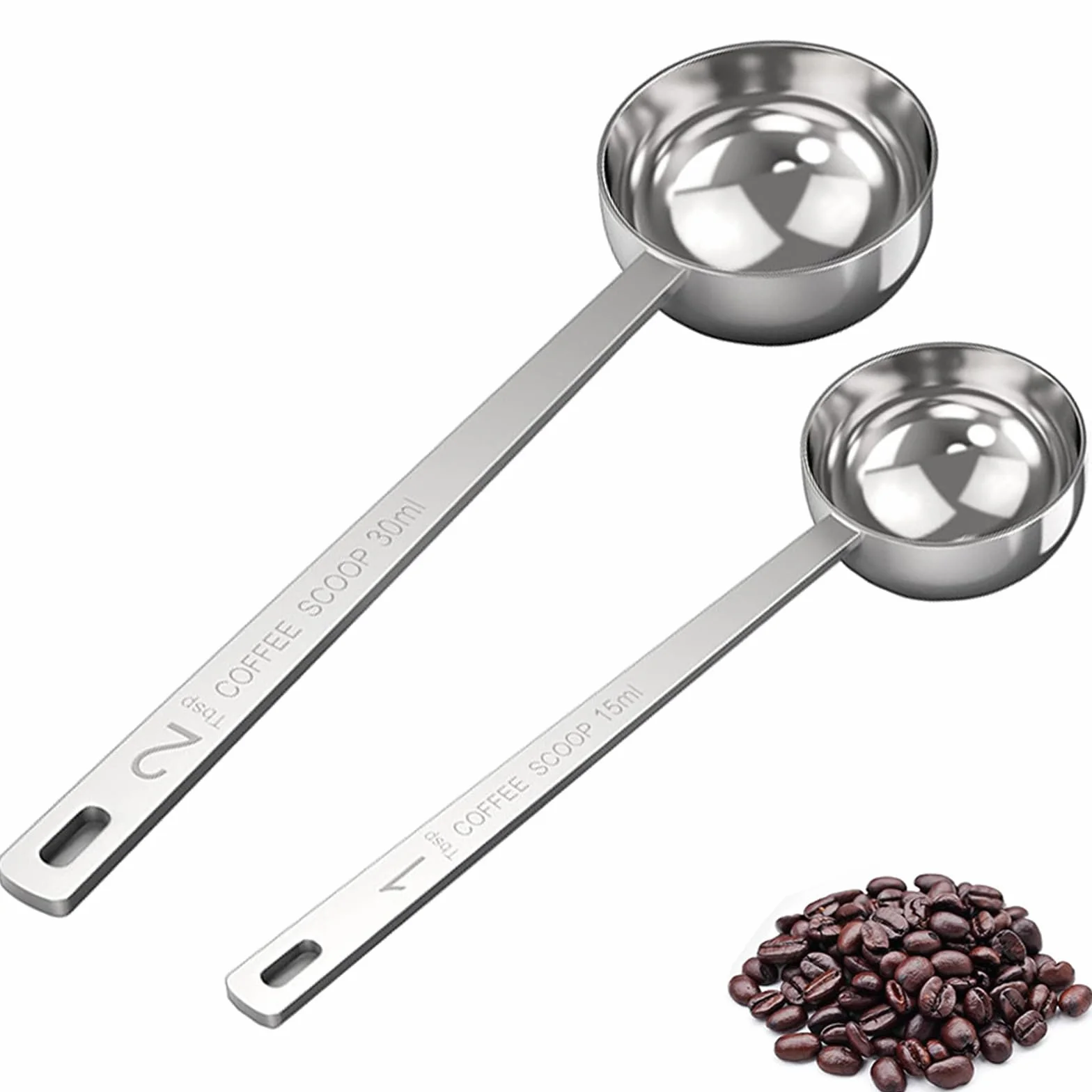 Set di 2 misurini da caffè con manico lungo, in acciaio inox, 1 cucchiaio e 2 cucchiai dosatori da 15 ml e 30 ml, per caffè, latte, frutta in polvere (15 ml e 30 ml)