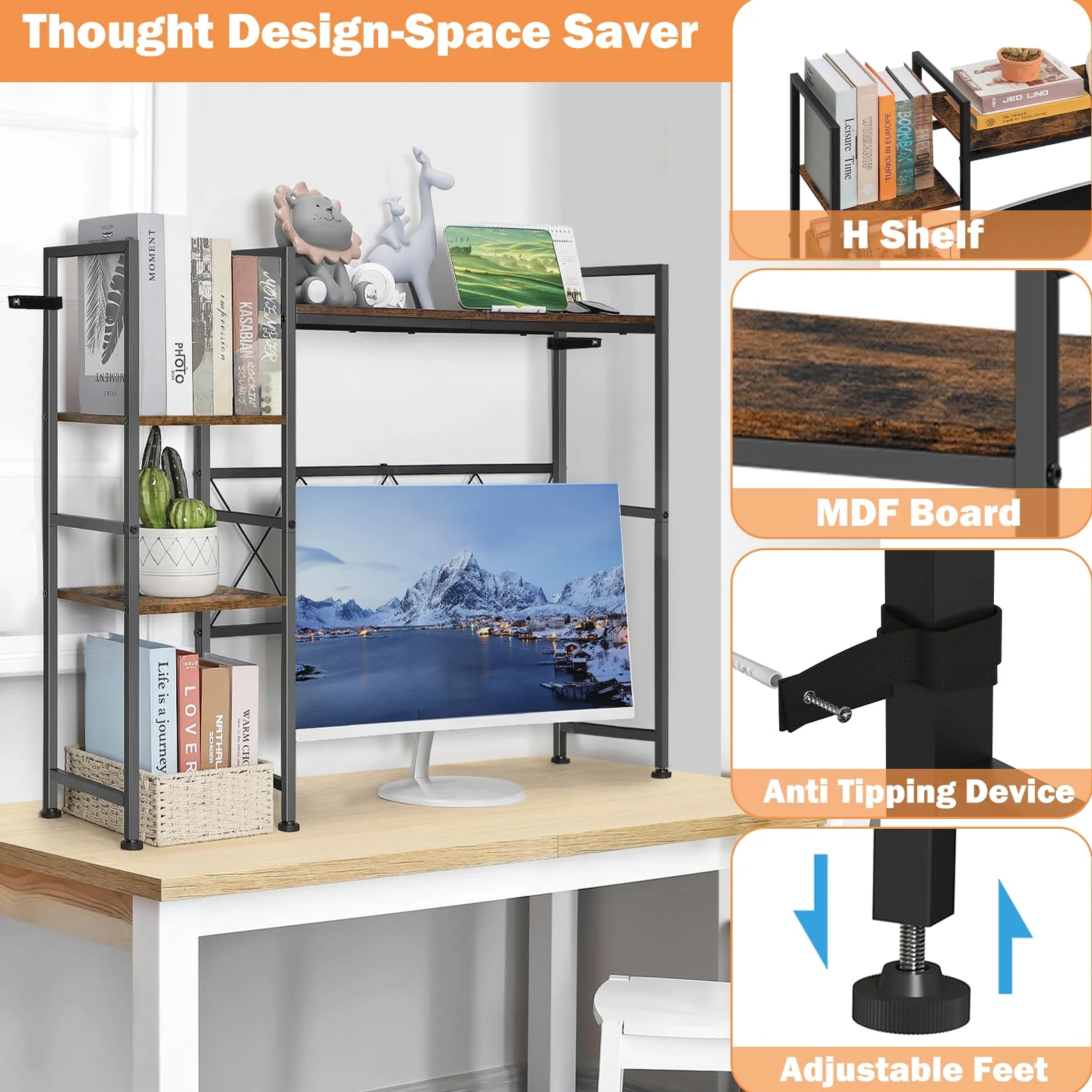 YBING Libreria da scrivania per computer, multiuso, a 3 livelli, con espositore organizer marrone, mensola per scrivania, solo per ufficio, casa, dormitorio, soggiorno