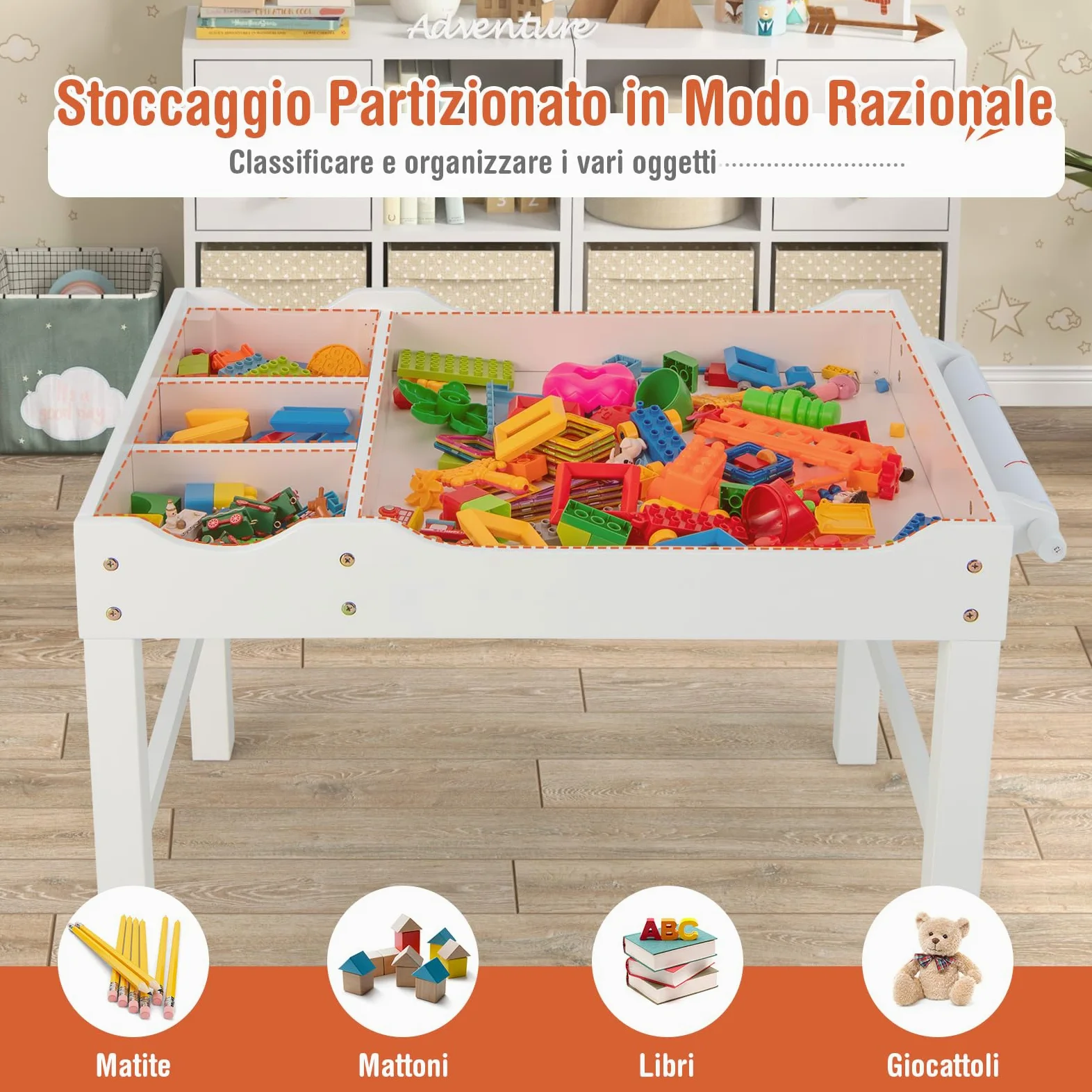 COSTWAY Tavolo da Gioco per Bambini in Legno con Piano Reversibile, Tavolo Multiattività Bambini 2 in 1, Porta Rotolo di Carta da Disegno, per Camera da Letto, Soggiorno (Bianco)