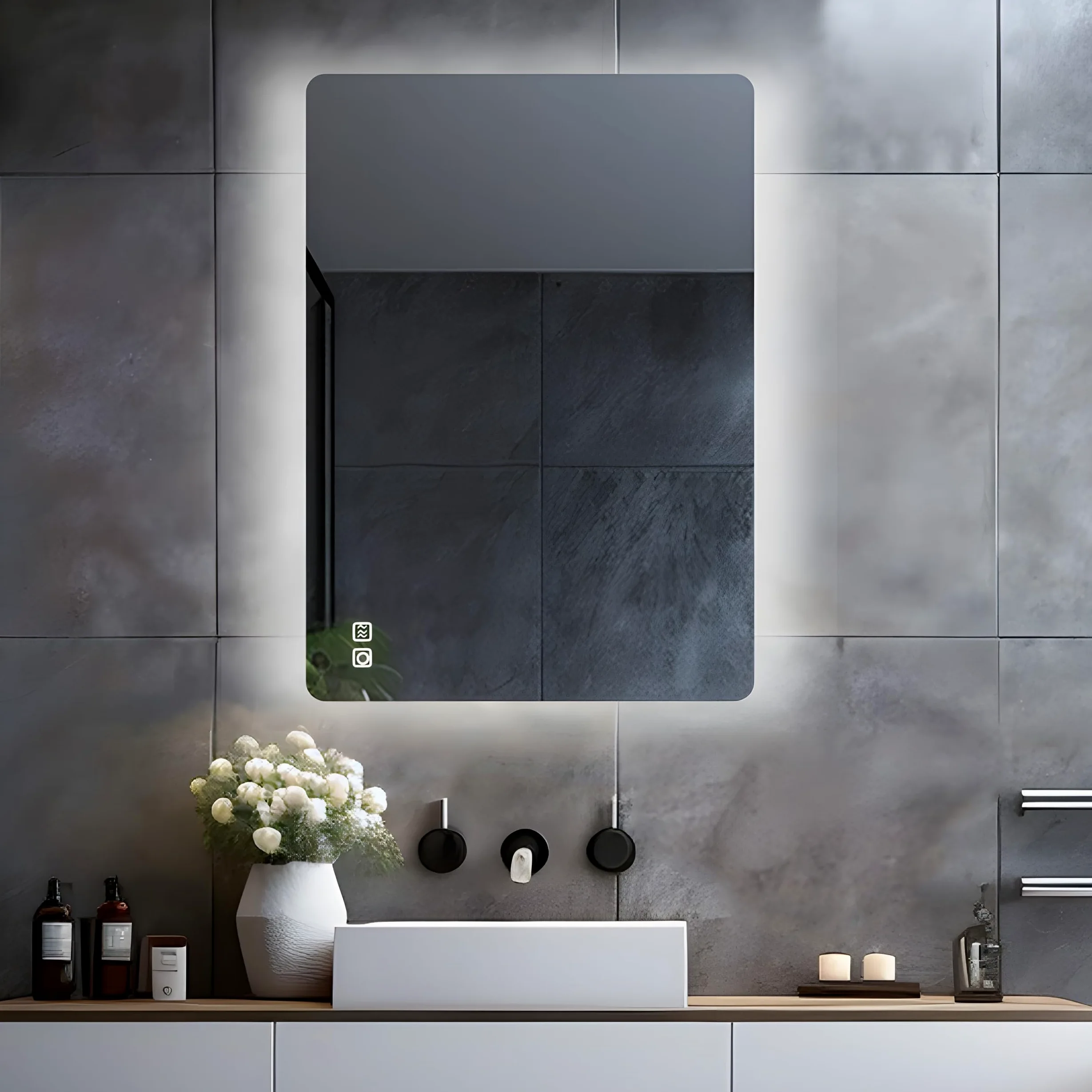 LISA Specchio da bagno a LED con illuminazione 60x50 cm, Specchio da bagno grande con illuminazione touch dimmerabile bianco caldo/bianco freddo antiappannamento per bagno, WC, corridoio