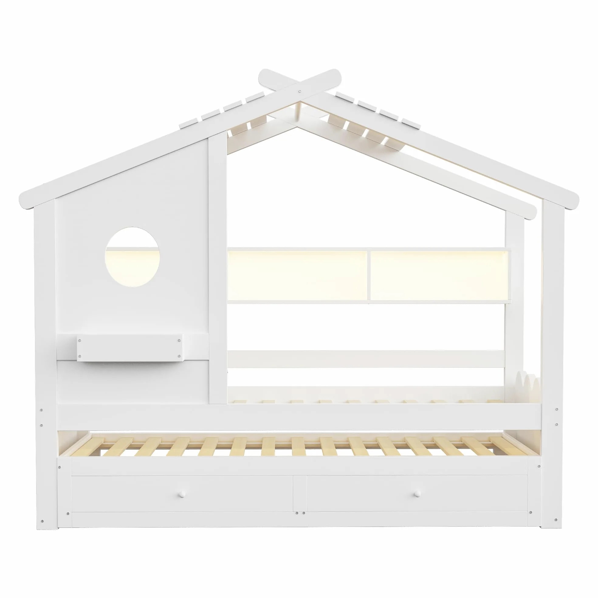 Letto Casetta per Bambini Ragazzi 90x200 con letto estraibile 90x190, Letto a Forma di Casa con LED e Porte di ricarica USB, 2 Cassetti e Ripiani, Struttura letto in Legno Massiccio(Senza Materasso)