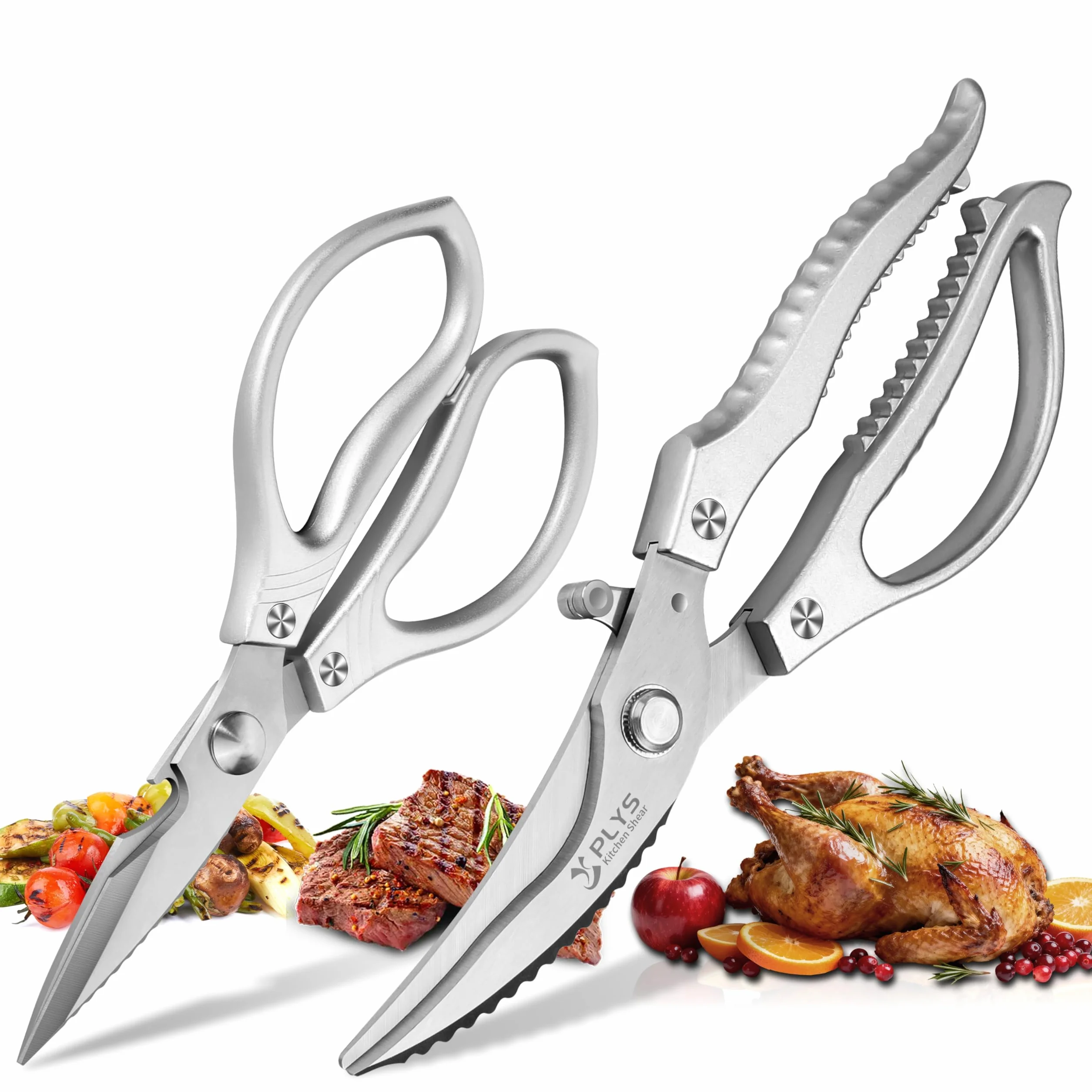 Forbici da Cucina Professionali: Set Forbici Multifunzione in Acciaio Inossidabile per Pollame, Pollo, Pesce, Verdure ed Erbe (Argento)