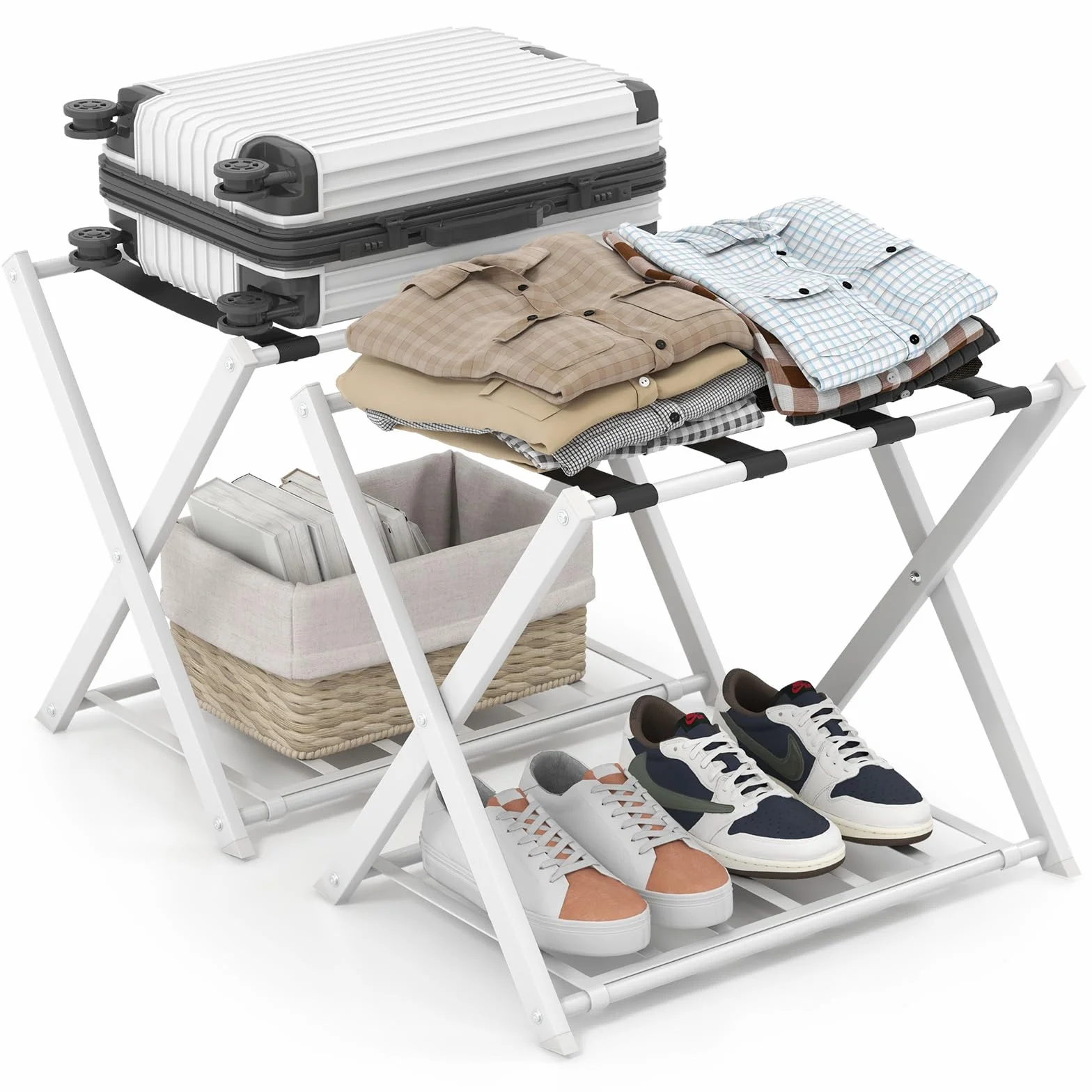 GYMAX Portavaligia da Hotel in Ferro 50 kg Pieghevole a 2 Ripiani 68x45x57 cm 2 Pezzi Bianco