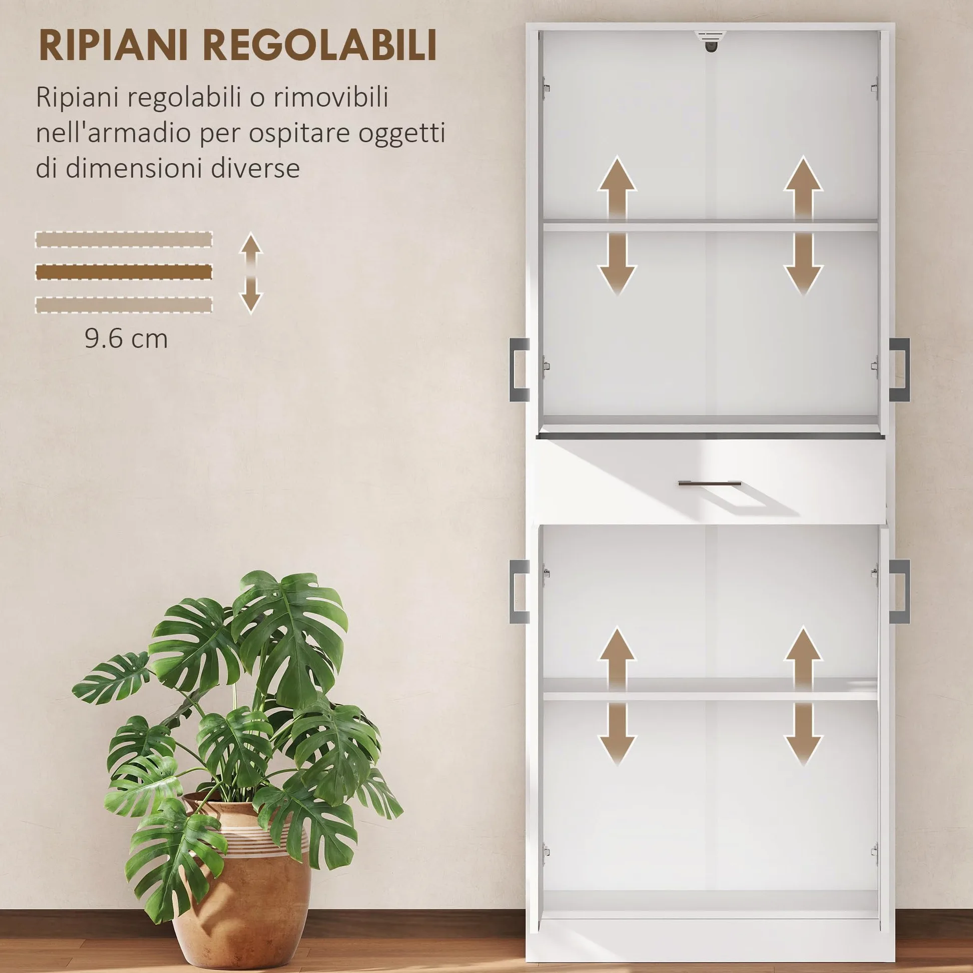 HOMCOM Credenza Cucina Alta, Mobile Dispensa con 2 Armadietti e Cassetto Grande, Mobile Cucina con Ripiani Regolabili, per Sala da Pranzo, Soggiorno, Salotto, 70.8x34x180 cm, Bianco