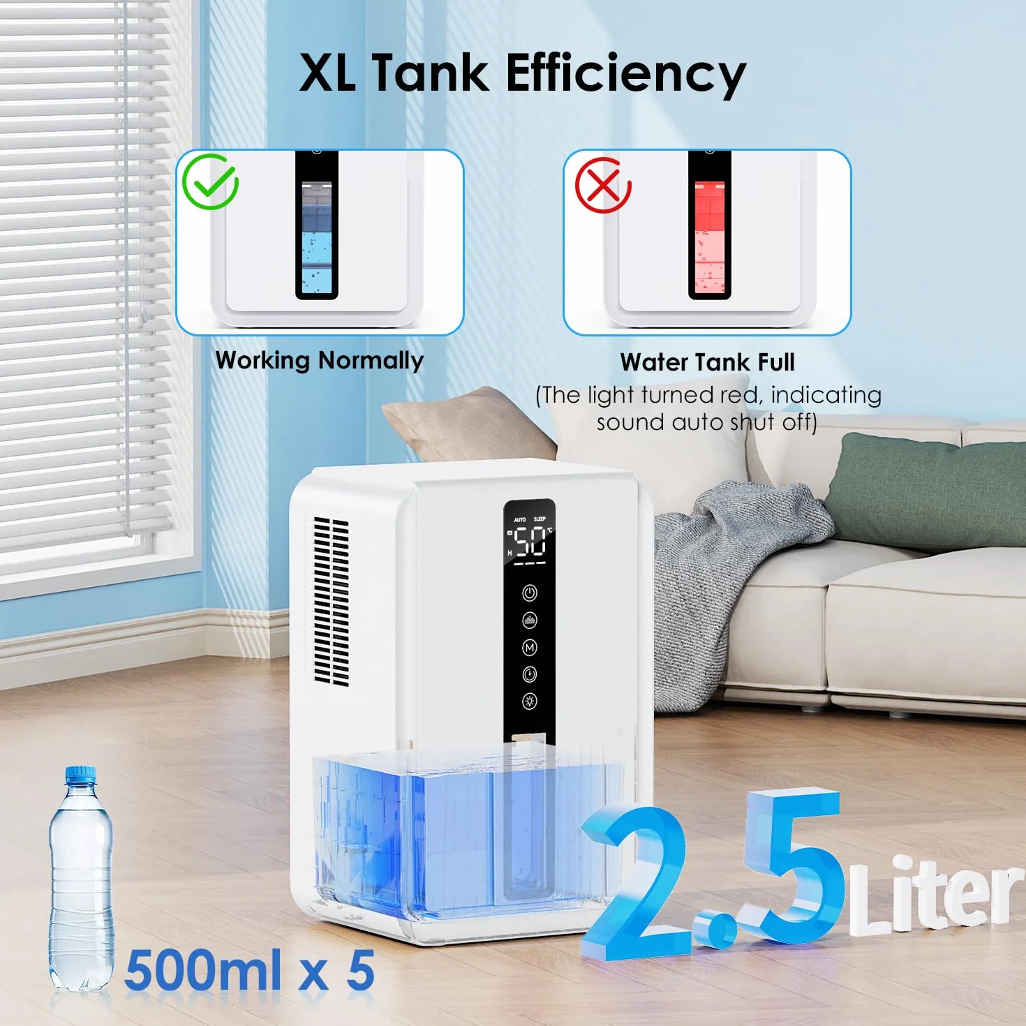 Deumidificatore Casa con 2500ml, Deumidificatore Casa Muffa con Modalità Sospensione e Timer 6-48 Ore, Controllo Umidità Automatico (≥50% RH),7 Luci RGB, Protezione da Overflow, Defrost Automatico
