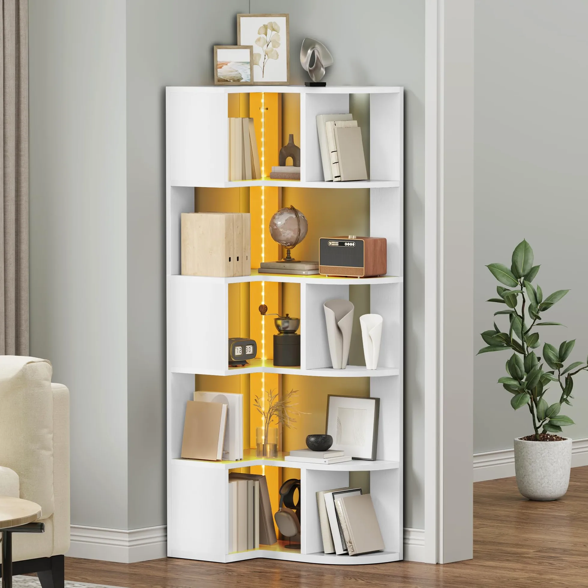 YITAHOME Libreria angolare a 6 ripiani con LED, a forma di L, scaffale angolare, scaffale da pavimento, per ufficio, studio, soggiorno, camera da letto, 64 x 41,5 x 159,5 cm, bianco