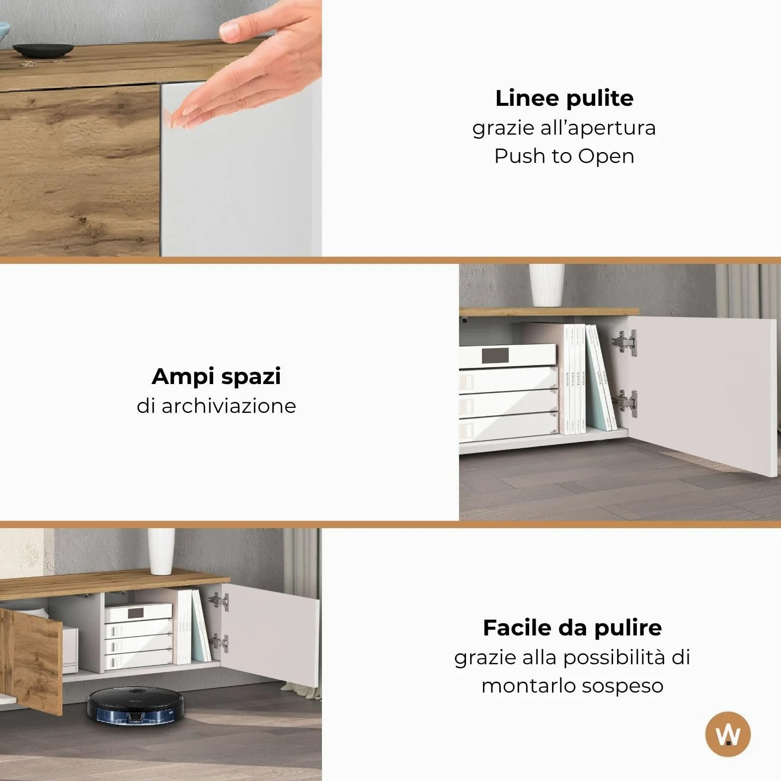 WHOUS Mobile Porta TV Sospeso ISEO per Soggiorno con 2 Ante e 1 a Ribalta, Mobile Tv a Parete per Salotto, 200x35x30 cm, Bianco Lucido e Rovere