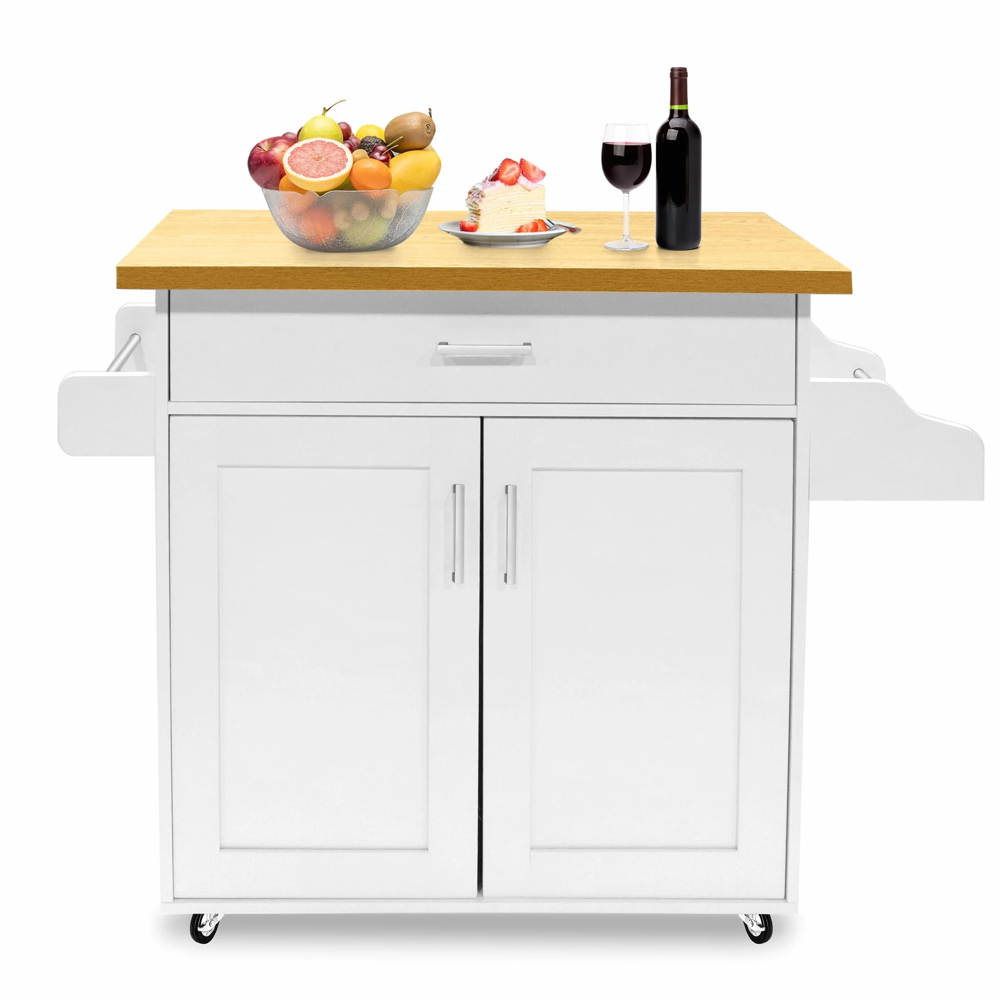 UISEBRT Carrello da cucina con piano di lavoro, isola da cucina in legno, mobile da cucina su ruote, carrello da portata con cassetto e ripiano, carrello da cucina in stile rustico, bianco