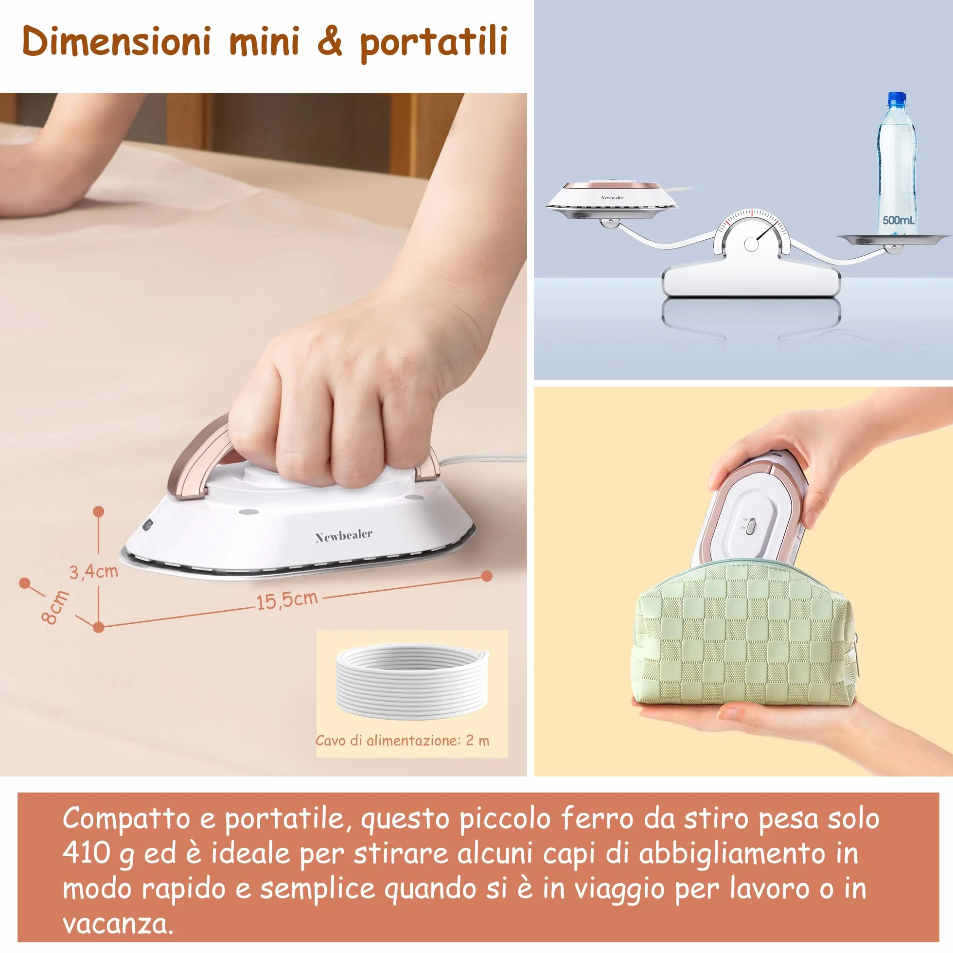 Newbealer Ferro da Stiro da Viaggio, Ferro da Viaggio Mini Portatile Leggera Compatto senza Vapore, Stirare i Vestiti, Tensione Universale 100-240V, Oro