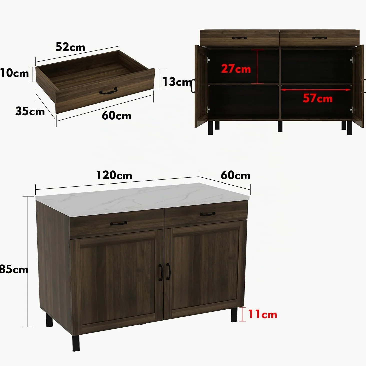 Isola cucina con piano di lavoro, armadio da cucina a cassetti, tavolo centrale con ante e cassetti, buffet marrone e bianco, 120x60x85 cm, MDF