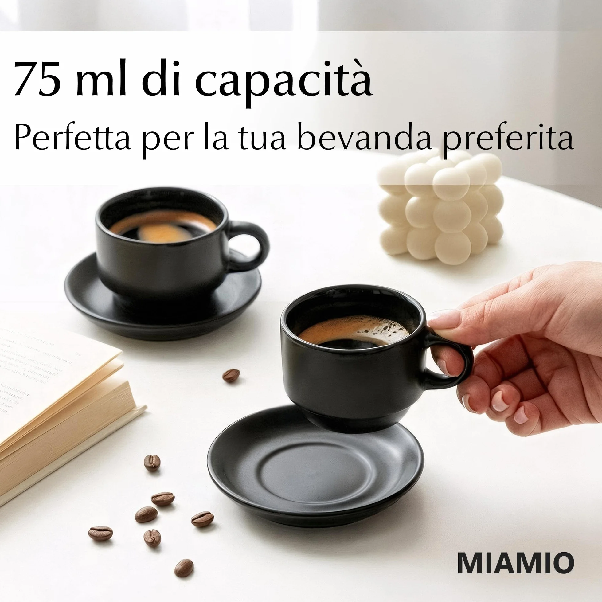 Le Papillon Collezione Set di Tazze da Caffè in Ceramica 6 x 75 ml Espresso Tazzina Impilabile Nero