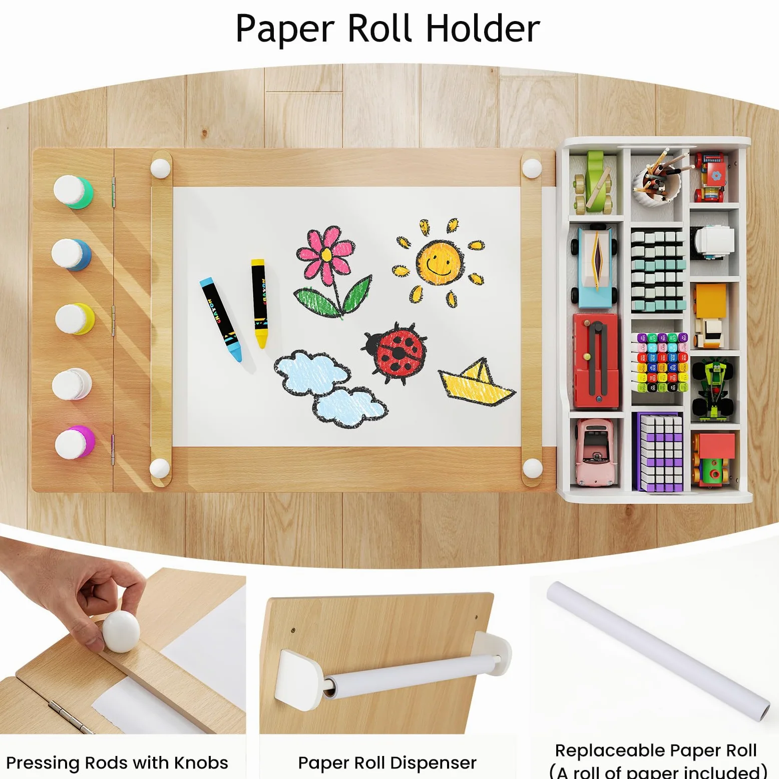 LIFEZEAL Tavolino Bambini, in Legno, con Sedia, Lavagna, Cavalletto, Scaffale per Giocattoli, Libreria, Porta Rotolo di Carta, Tavolo Bambini da Cameretta, Set per Bimbi 3+Anni, Naturale