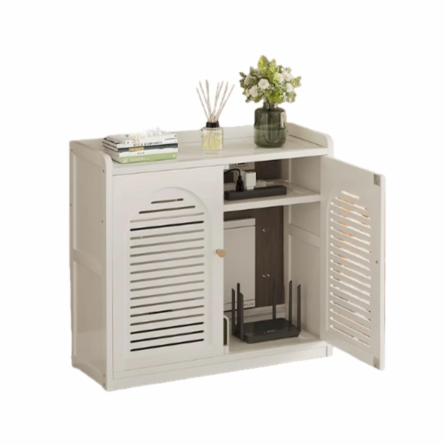Mobiletto Nascondi Cavi per Router WiFi e Modem – Scatola Organizer con Multipresa, Ventilazione ed Elegante Design per TV a Parete, Soggiorno o Ufficio(White,59x25x67cm)