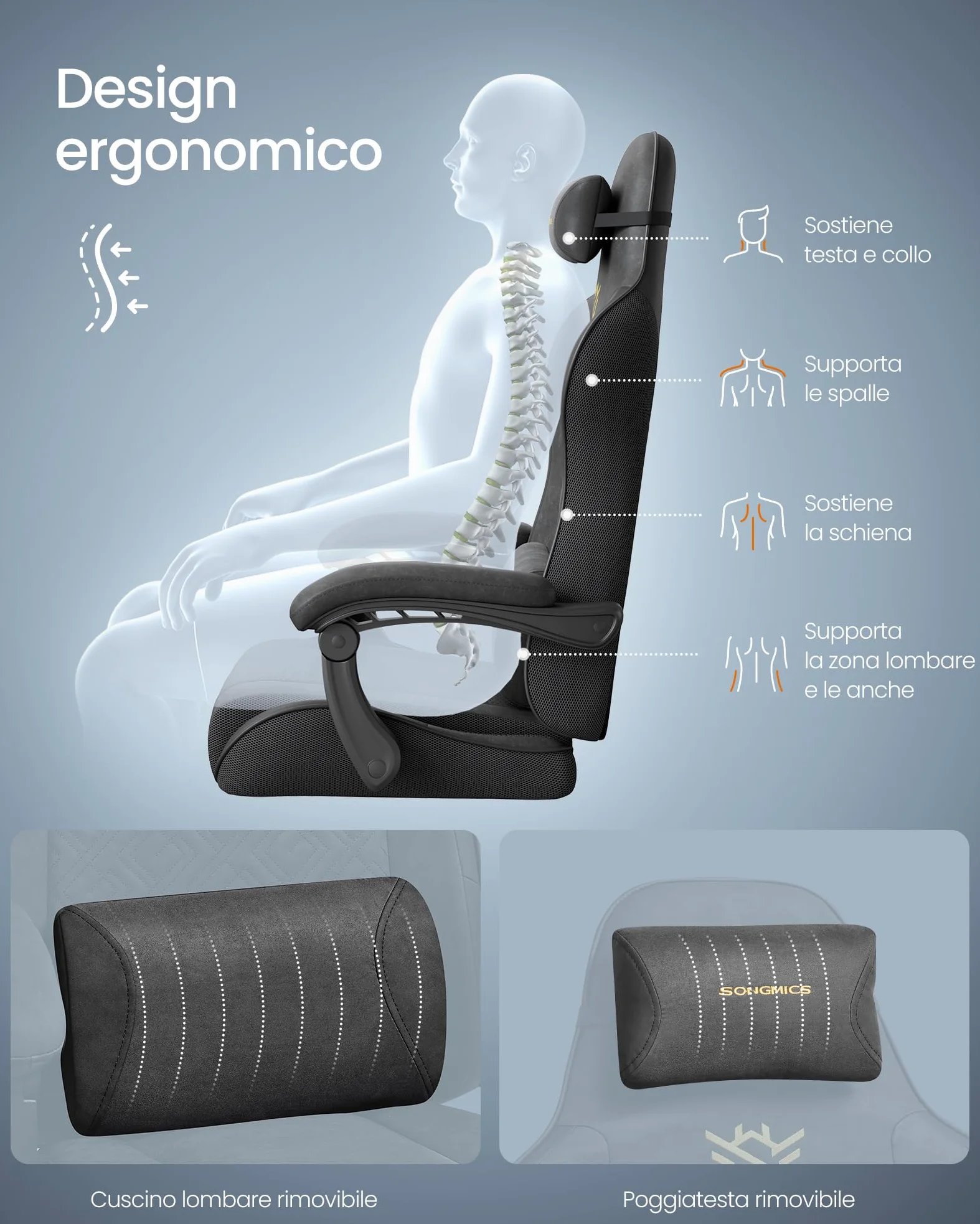 SONGMICS Sedia Gaming, Sedia da Ufficio Scrivania, Ergonomica, Seduta con Molle, Poggiapiedi, Braccioli con Meccanismo Sincronizzato, Nero Inchiostro OBG079B01