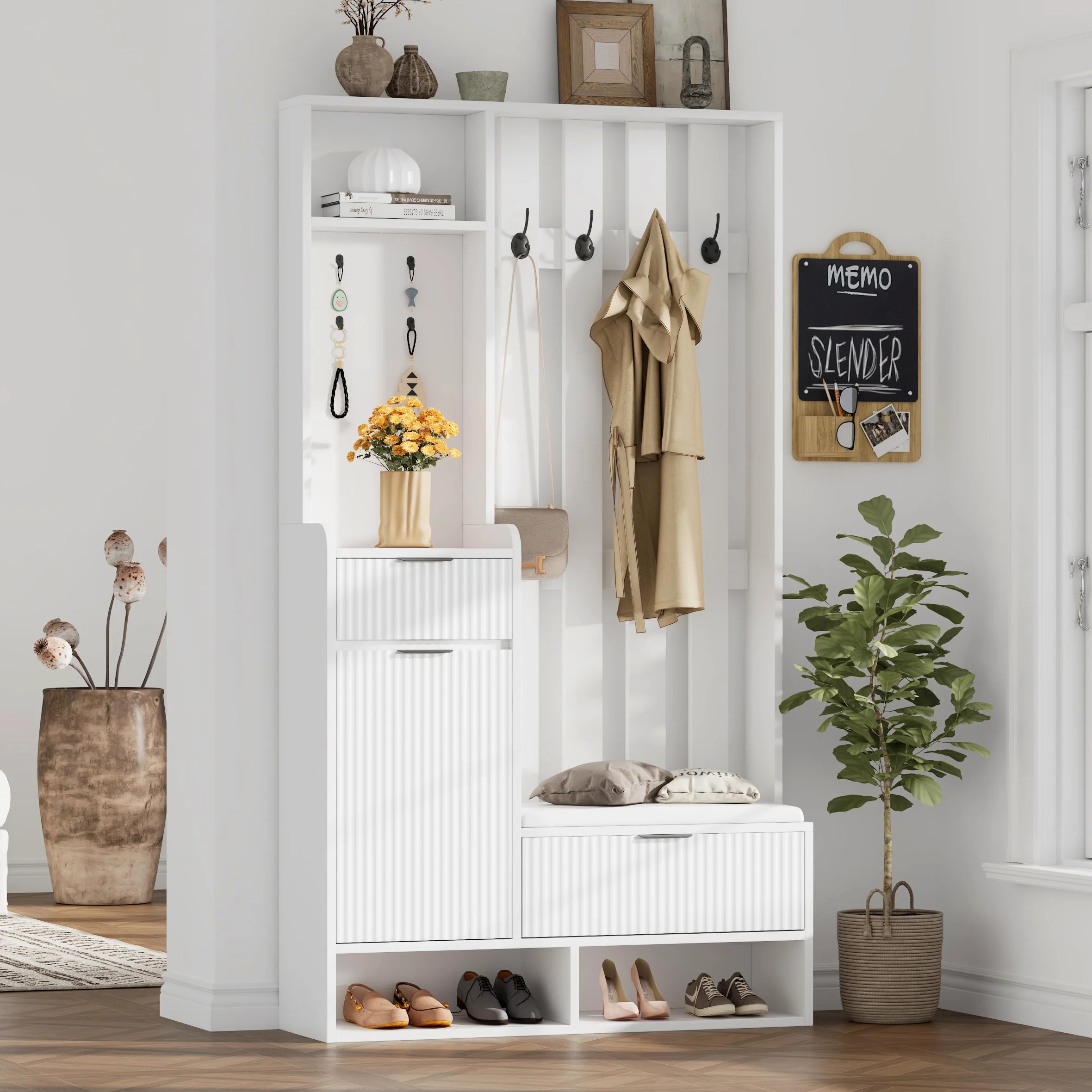 100 x 30 x 180 cm, 6 in 1, con 8 ganci, protezione antiribaltamento, appendiabiti compatto con cassetti e armadi, larghezza 100 cm, colore: bianco