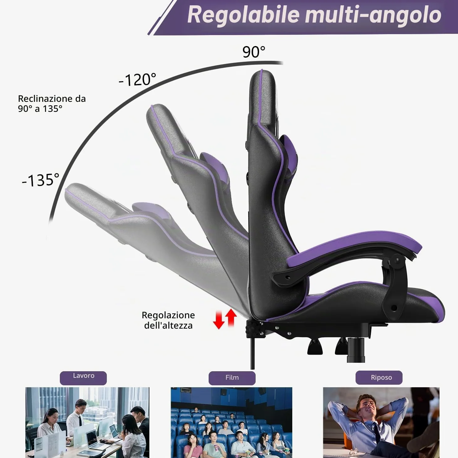 bigzzia Sedia da Gaming, Ergonomica, Per Gamer, con Cuscino Lombare e Poggiatesta, Regolabile in Altezza, Sedia Per Computer, Per Ufficio (Viola)