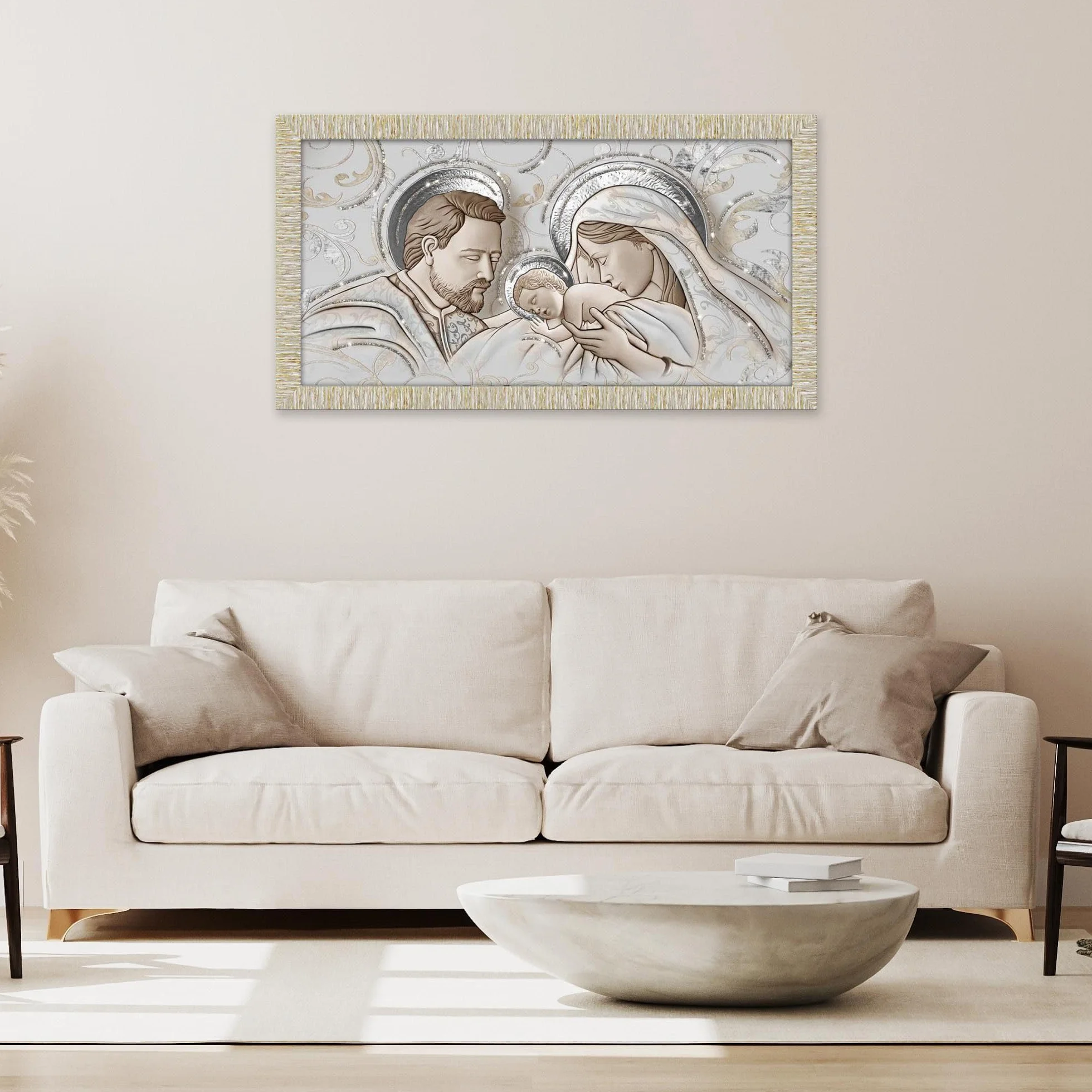 Quadro Moderno The Kiss Ceramic Mix Sacra Famiglia GIOVY Decorazione Glitter Cornice Legno Striata Oro 60x110 cm Stampa su Legno