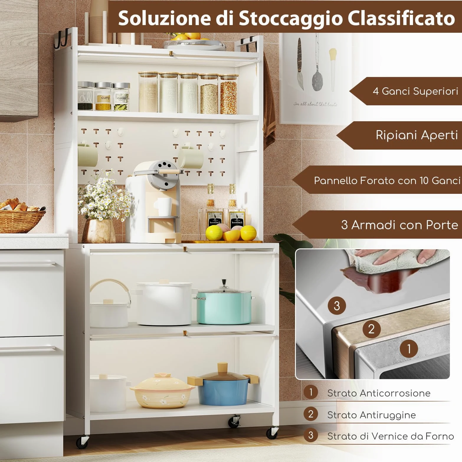 RELAX4LIFE Scaffale da Cucina con 5 Ripiani, Armadio con Ruote, Porte a Battente, Ganci Superiori e Pannello con Perforazioni, Mobile Multifunzionale per Cucina, Sala da Pranzo (Bianco)