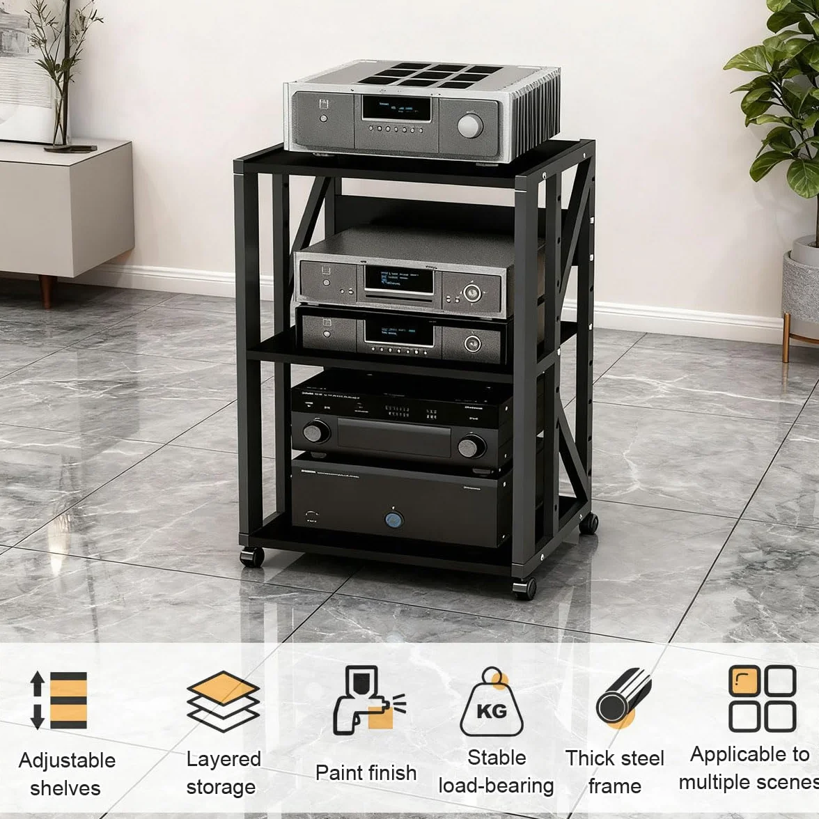 2/3 Rack Audio Mobile Porta Stereo Hi Fi Con Ruote Universali, Mobile Rack Per Impianto Stereofonico, Per Soggiorno, Sala Teatro, Ripiano Rack Amplificatore, Centro Intratte(3-layer-A)