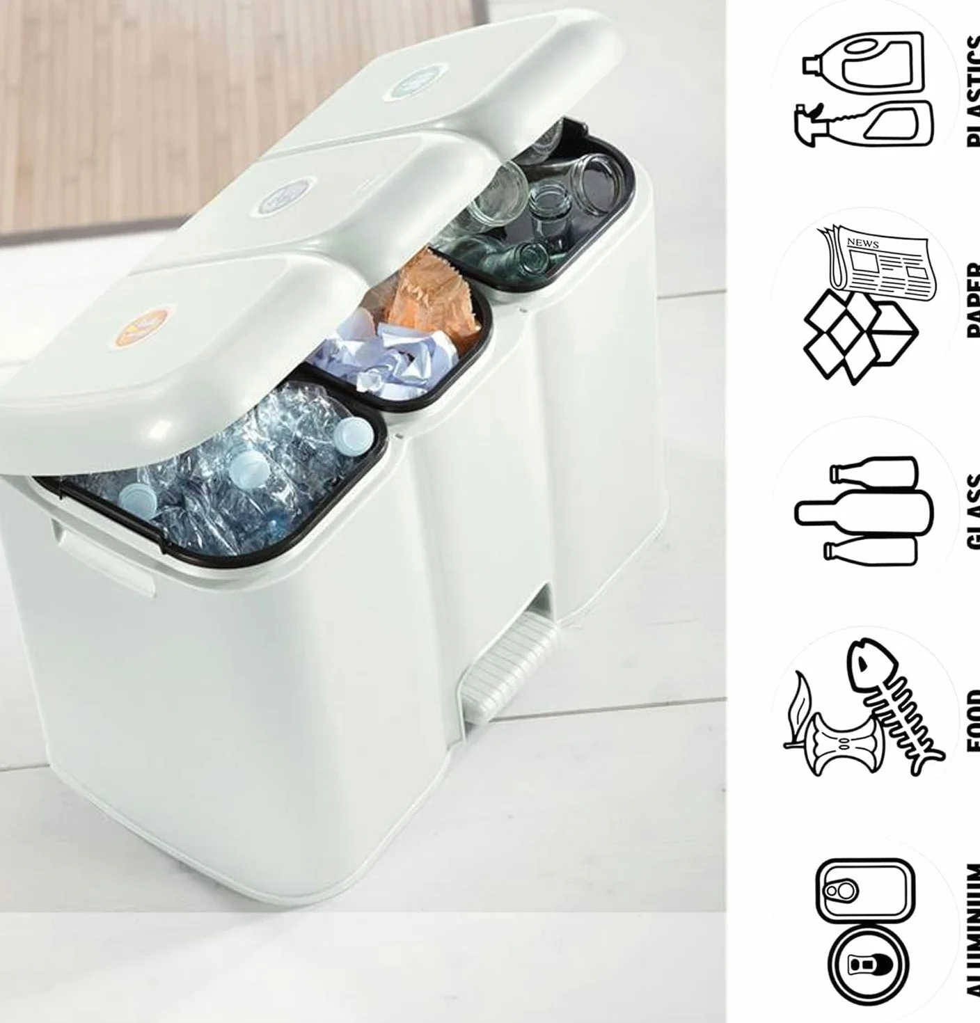 BuyStar Pattumiera Differenziata Bianca da 13+8+13 Litri Struttura Unica con Pedale e Secchi Estraibili 58.5x32xh41.5cm + Etichette Adesive per Differenziare il Riciclaggio