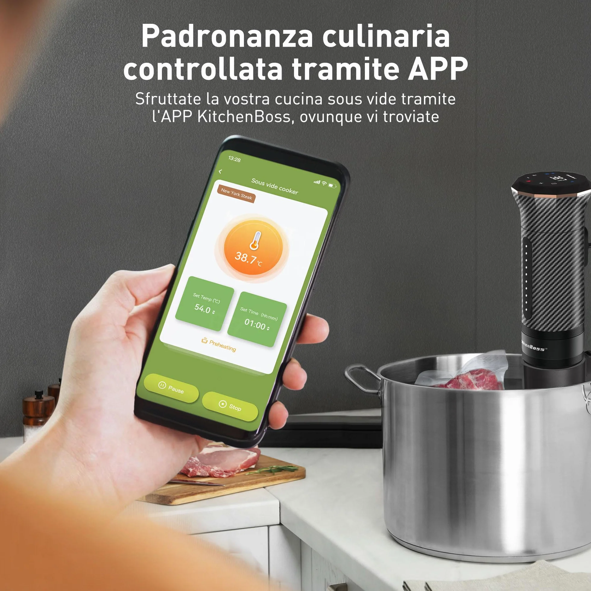 KitchenBoss WiFi Sous Vide Roner 1100W IPX7 40℃-90℃ LED Display Ultra-Silenzioso