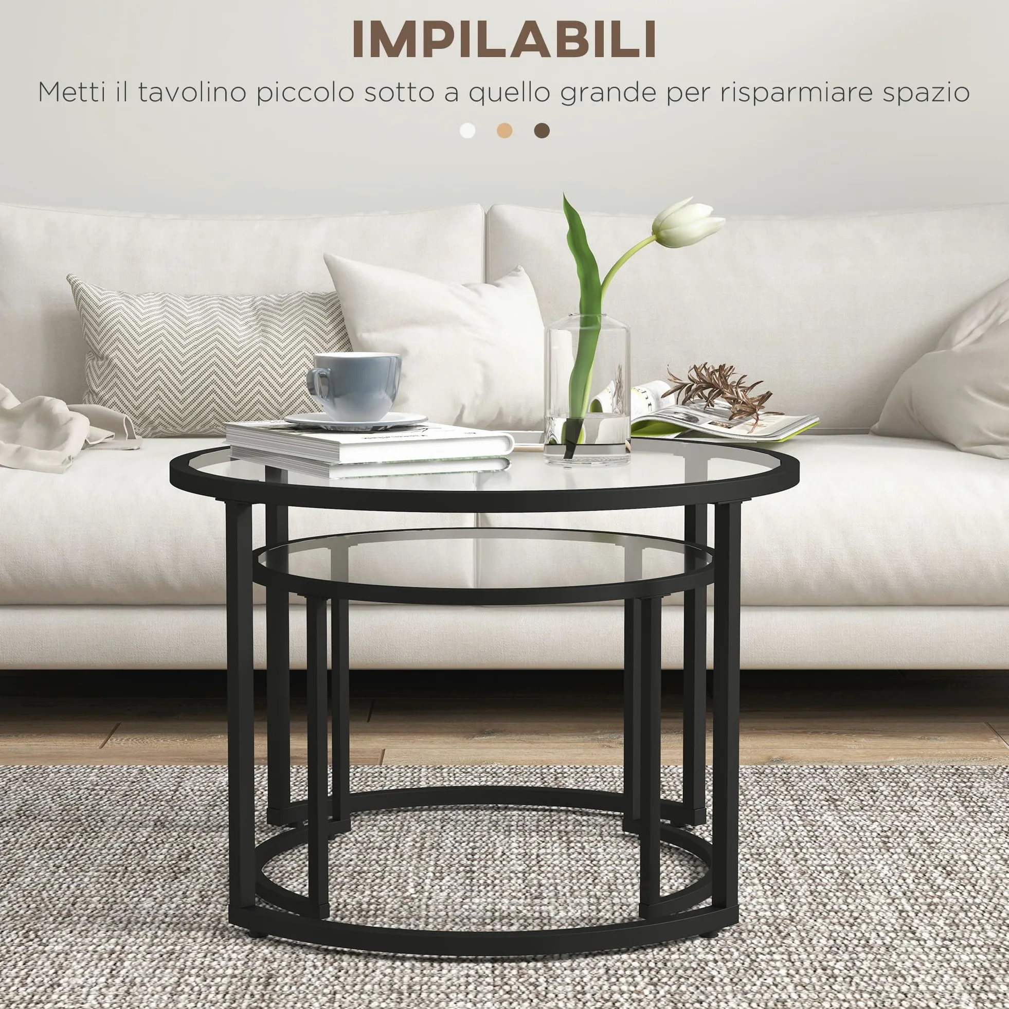 HOMCOM Set di 2 Tavolini da Caffè Impilabili Ø70x47.5cm e Ø54x42.5cm Nero | Sovrapponibili, Tavolini Bassi Rotondi da Salotto, Vetro Temperato e Acciaio, per Soggiorno Camera e Ufficio