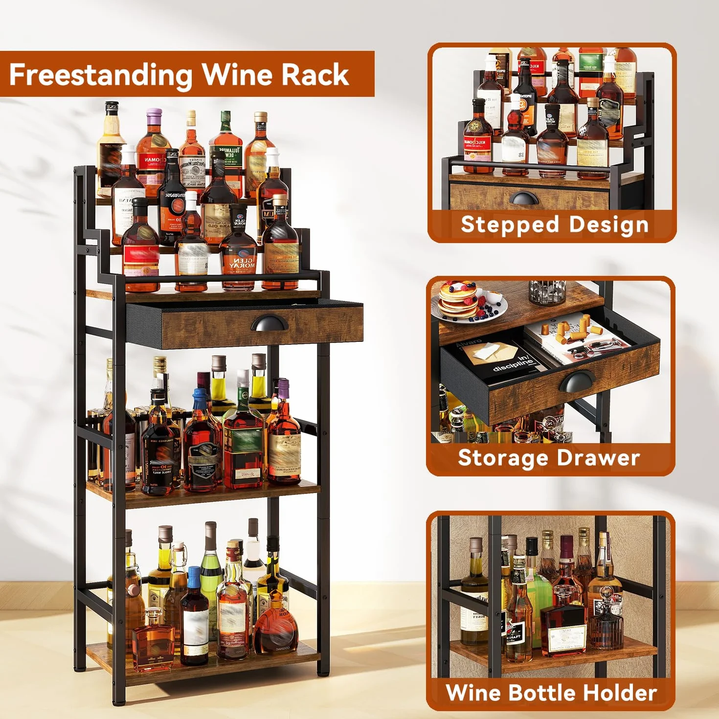 IBUYKE Portabottiglie Vino Gradini da Terra,Mobile Vino con Cassetto per Whisky,Espositore per Bottiglie di Liquori per Bar, Soggiorno, Sala da Pranzo,Marrone TMJ915H