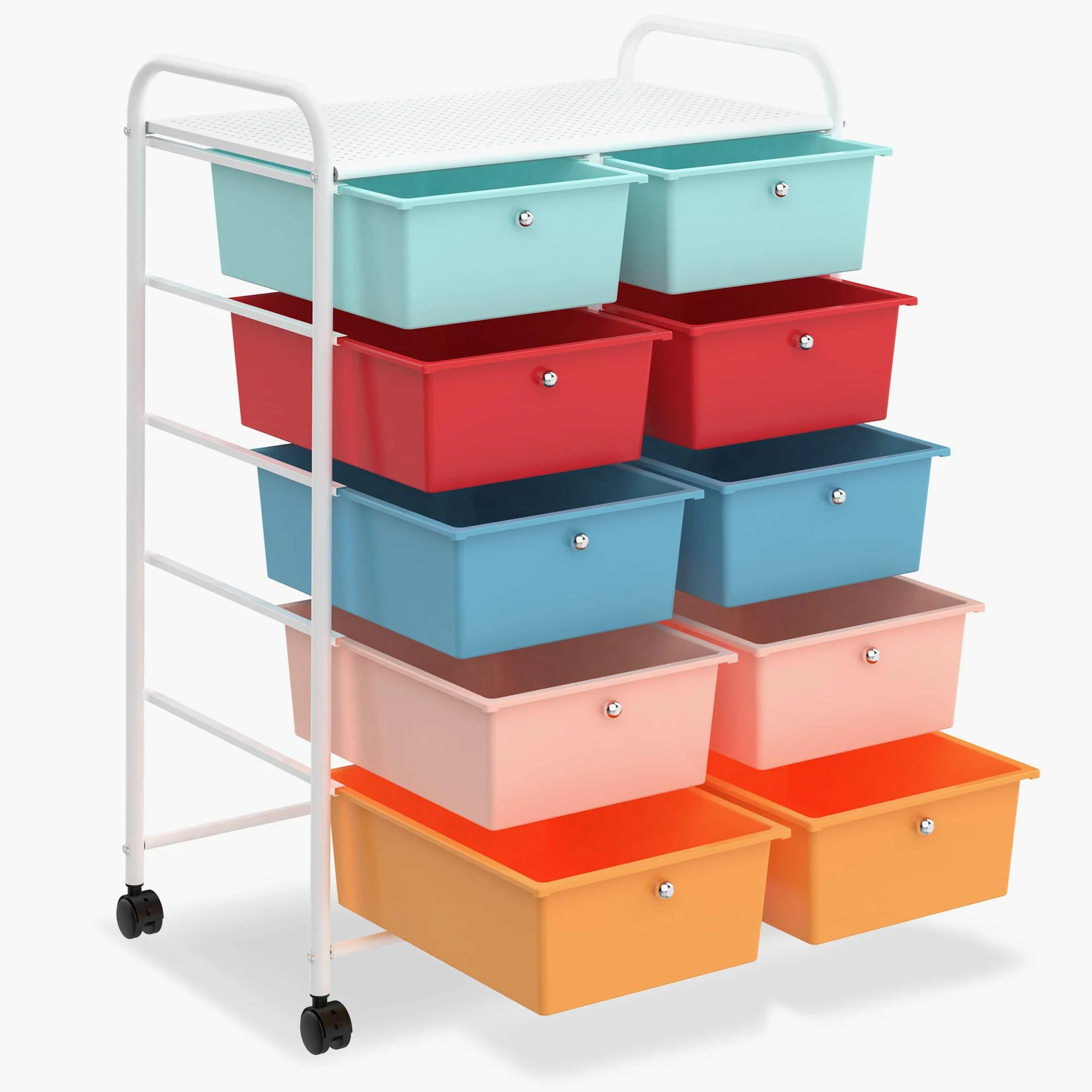 Carrello con 10 cassetti, impilabile, colorato, con struttura in metallo e ripiano, per ufficio, soggiorno (65 x 37 x 87 cm)