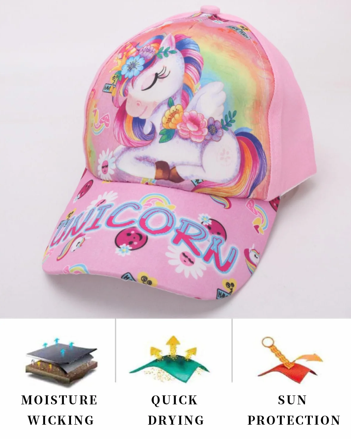 Berretto da Baseball per Ragazze in Cotone con Snapback Modello Unicorno colorato
