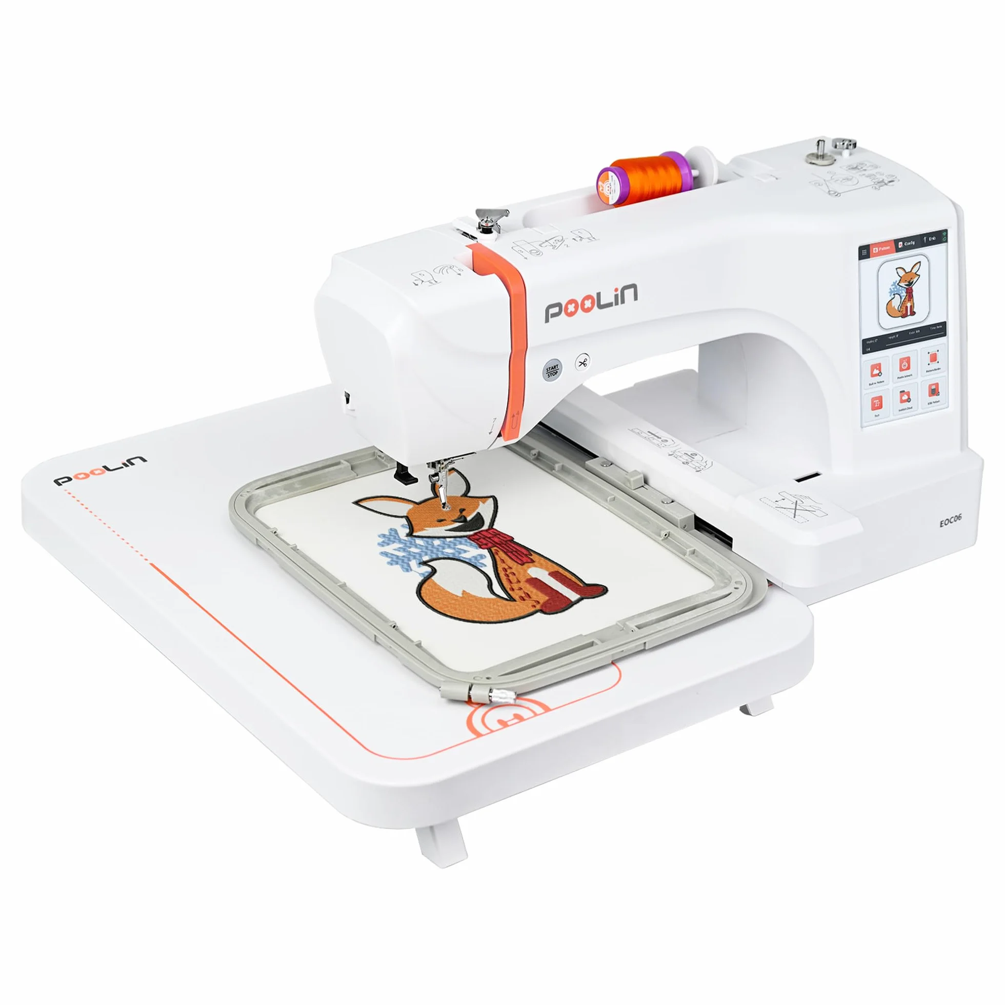 POOLIN EOC06 Macchina da Ricamo,20x28 cm Area Ricamo,4 Telai Inclusi,Ampio Touchscreen LCD Computerizzato da 18 cm, Dotata di Filo, Stabilizzatore,Bobina,Macchina da Ricamo Computerizzata