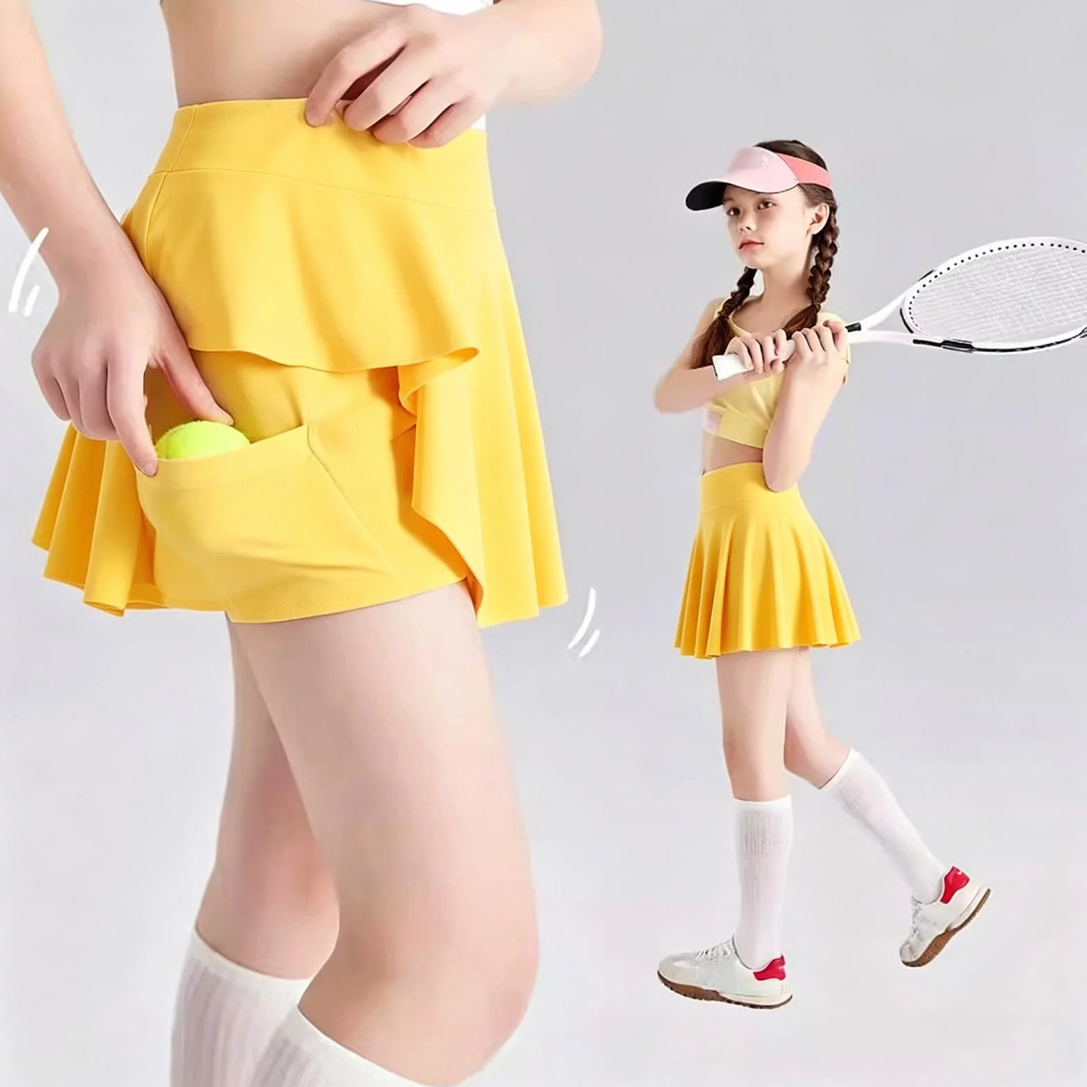 Generico Gonne Tennis Ragazze Leggera Traspirante Gonna Bambini Uniforme Casual Tinta Unita Elastica Vita Corsa Sportivo PE Skort Atletico