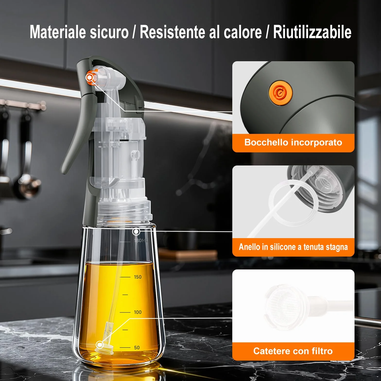 Ibergrif Spruzzatore Olio 180ml Bottiglia Spray Vetro Borosilicato per Friggitrice ad Aria Cucina Erogazione Precisa 1g Senza BPA Antigoccia Grigio M528B