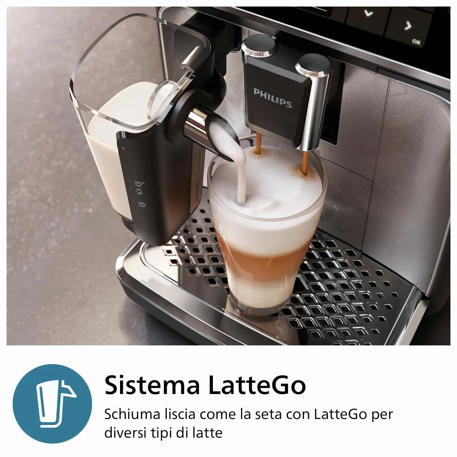 Philips Serie 3300 Macchina da caffè automatica - 6 tipi di bevande, Display touch screen a colori, LatteGo, SilentBrew, Macinacaffè in ceramica al 100%, Filtro AquaClean. Cromato nero (EP3347/90)