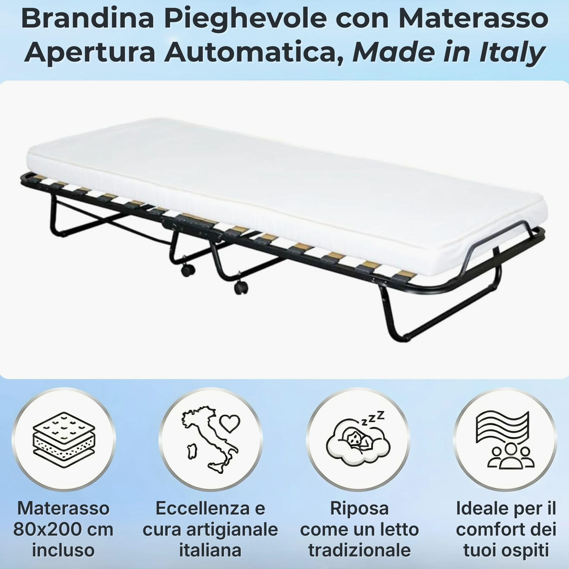 SEDIAOFFICE - Brandina Pieghevole con Materasso e Apertura Automatica Made in Italy, Letto Singolo a Scomparsa (80x200) Letto Pieghevole Singolo con Materasso Alto 10cm (Bianca, 15 Doghe)