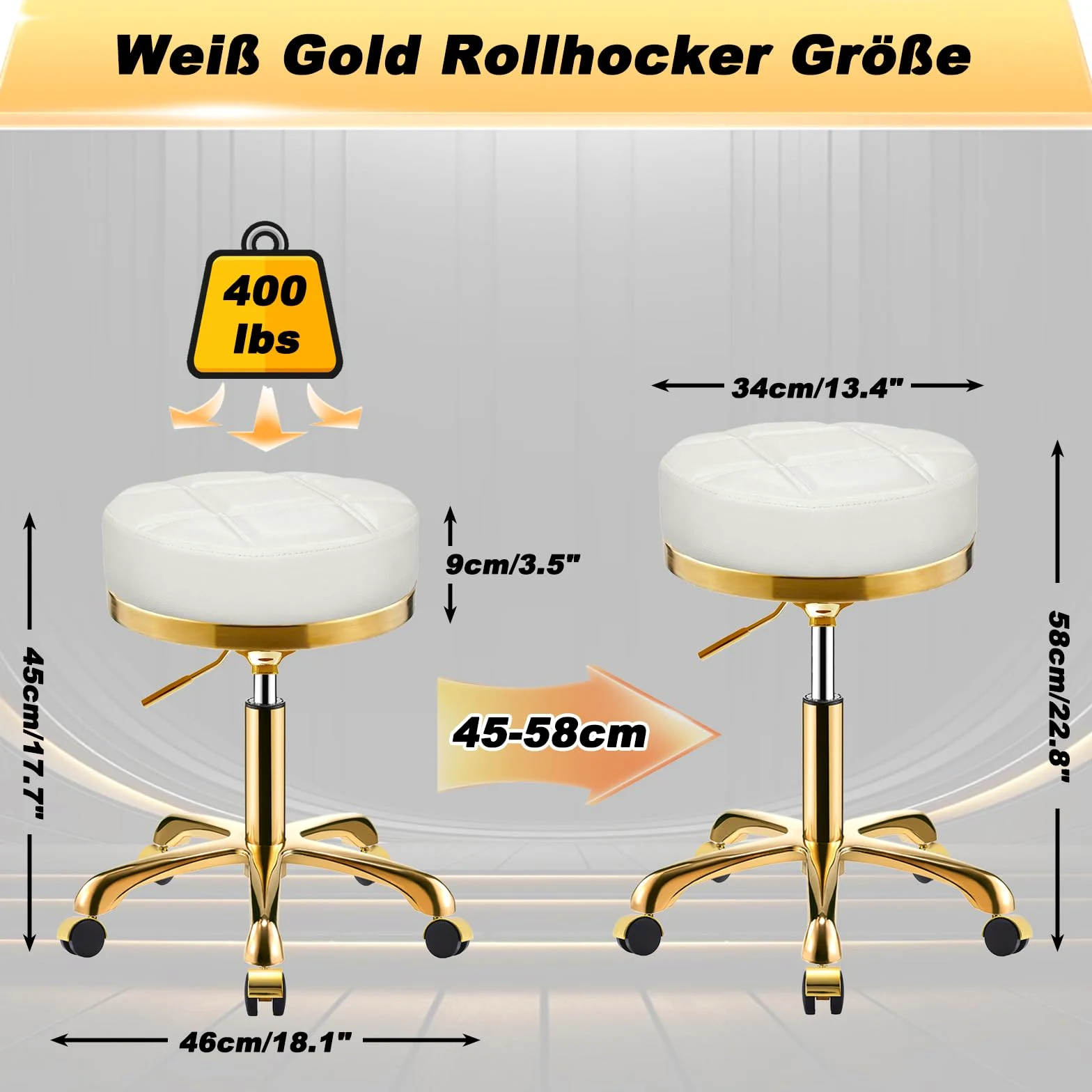 Sgabello con Ruote Dorato, Rotonda Girevole Sedia con Rotelle Pelle PU, Sgabelli per Toeletta Trucco, Ufficio e Estetista, Regolabile Altezza da 45 a 58 cm (Bianco, Senza Schienale)