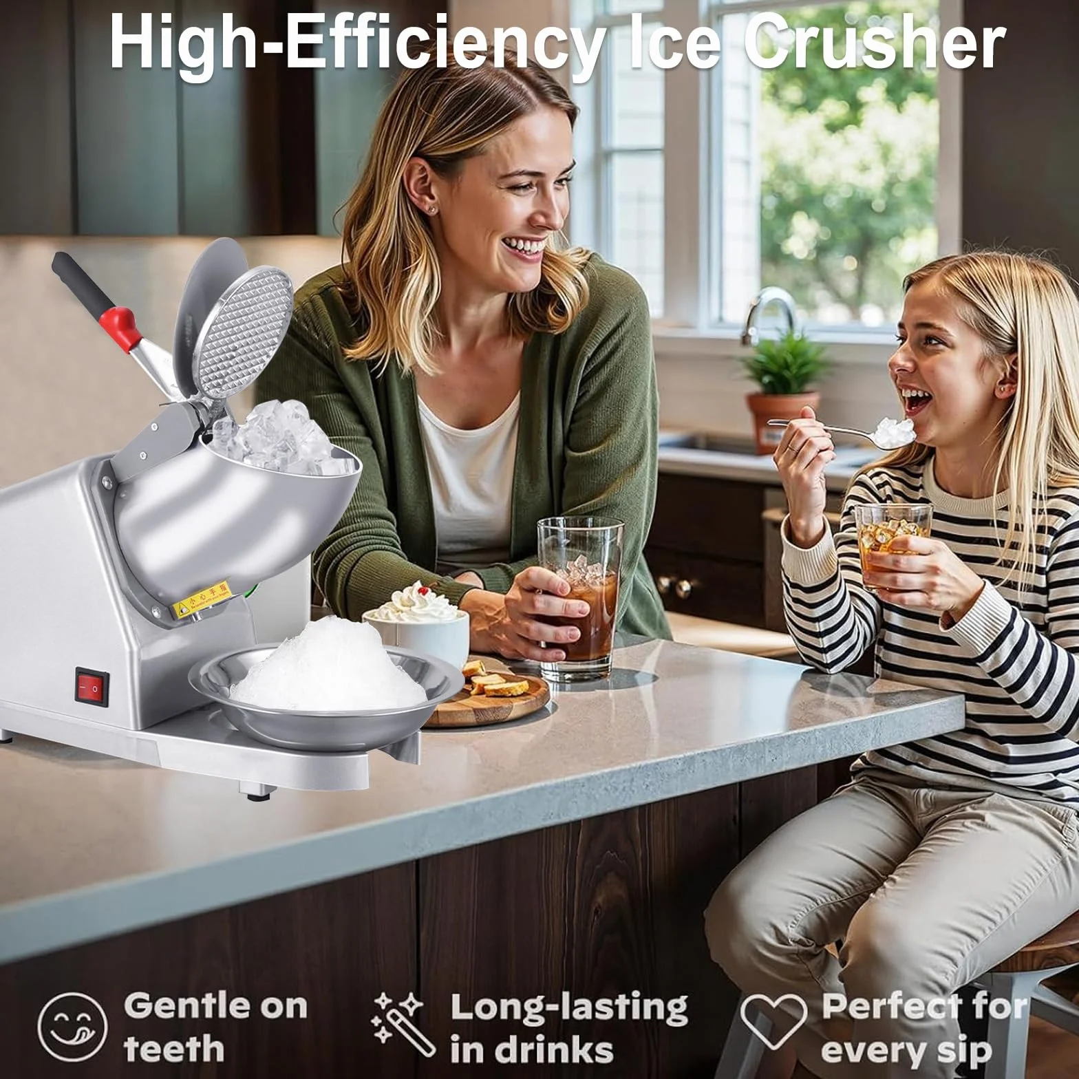 Macchina elettrica per tritare Il Ghiaccio, 85 kg/h, tritaghiaccio in Acciaio Inossidabile con 2 Lame, 380 W, 2200 Giri/min, Macchina per tritare Il Ghiaccio per la Preparazione di frullati