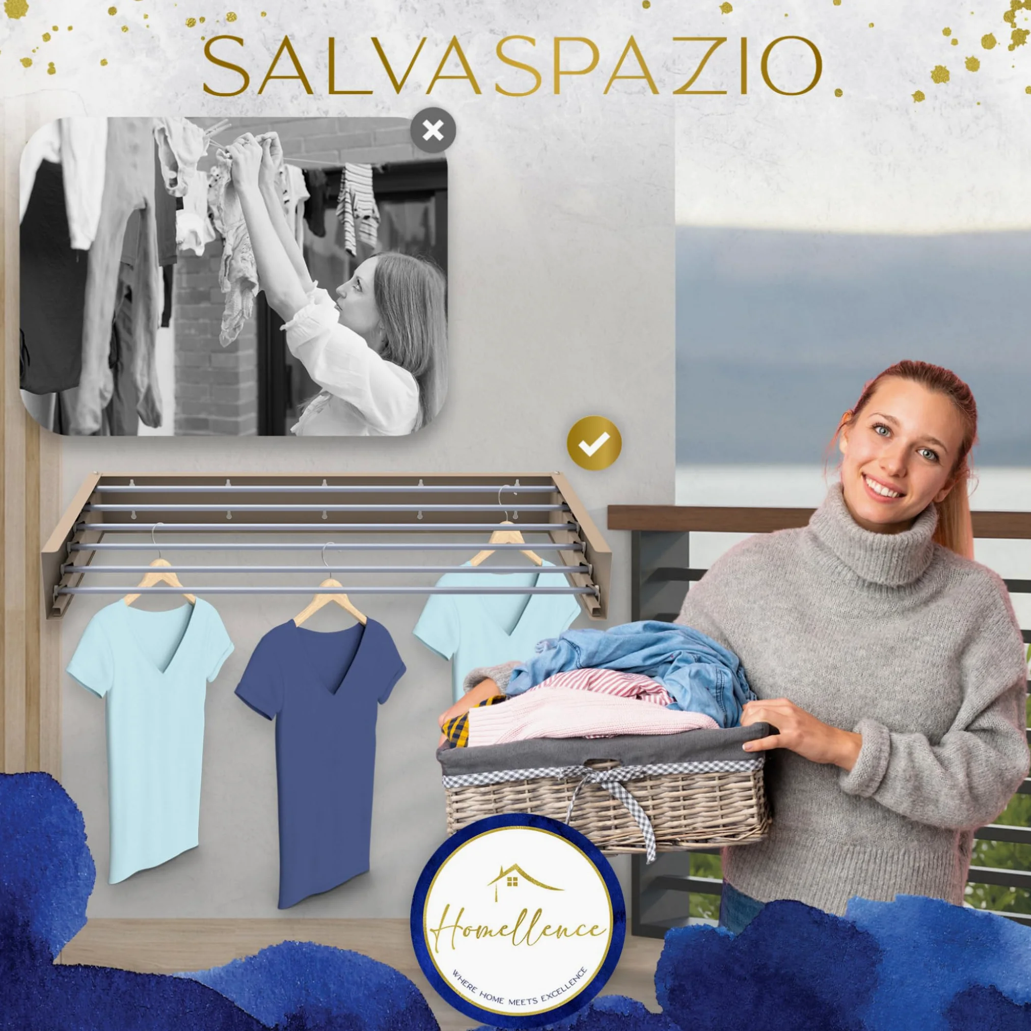 Homellence | Stendibiancheria a Parete | Stendino Salvaspazio Pieghevole da Muro | Stendino Estensibile per Interni ed Esterni | Bagno, Lavanderia | Acciaio Inox Resistente (Beige/Cappuccino, 100 cm)
