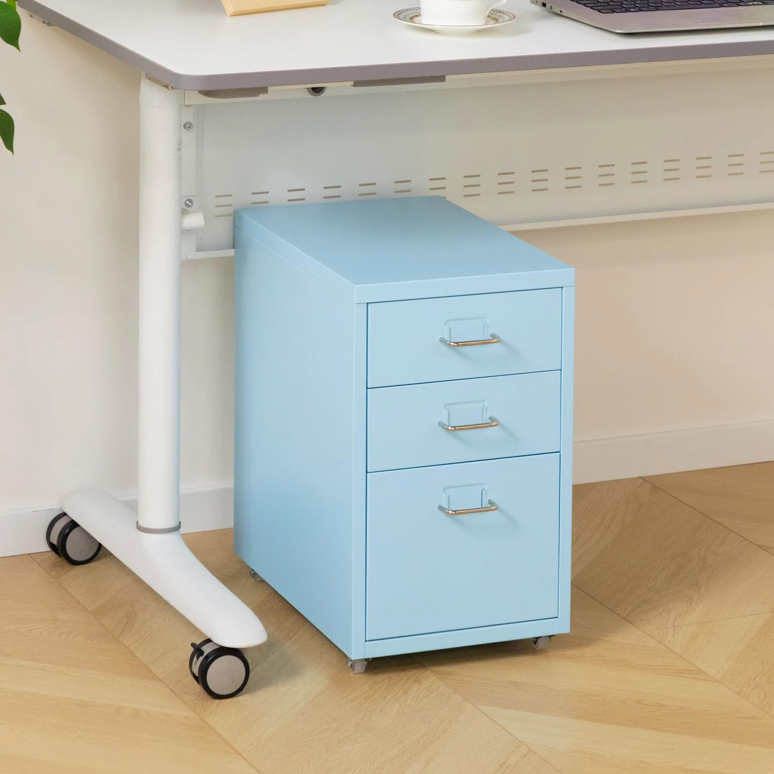 HollyHOME Schedario Mobile a 3 Cassetti, Organizzatore Portadocumenti Sotto Scrivania su Rotelle, Armadietto Portadocumenti in Metallo con Rotelle per Casa e Ufficio, Azzurro