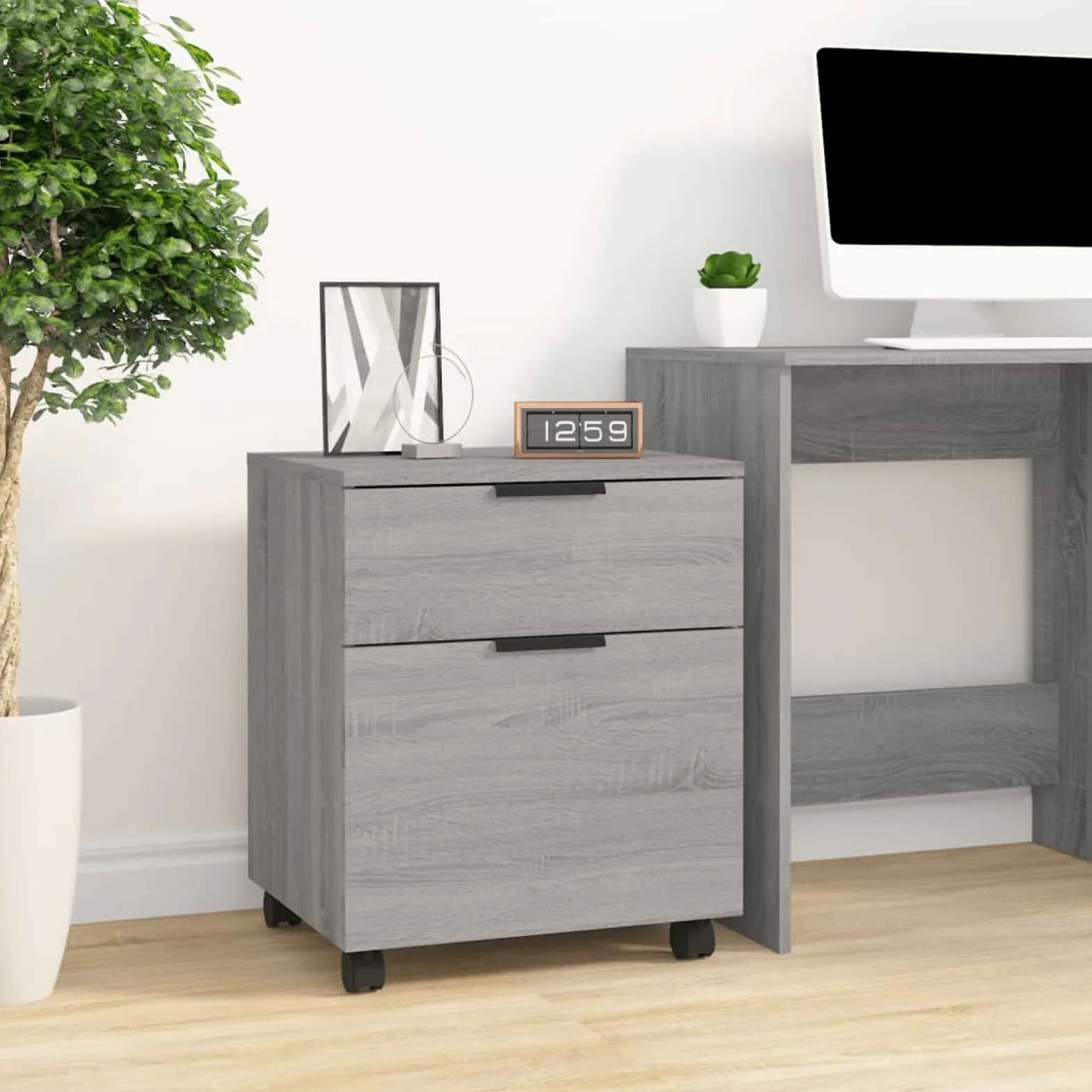 Gecheer Raccoglitore mobile con ruote Sonoma grigio 45 x 38 x 54 cm legno, portaoggetti per documenti a rotelle con cassetto e vano, armadio laterale per ufficio a casa soggiorno