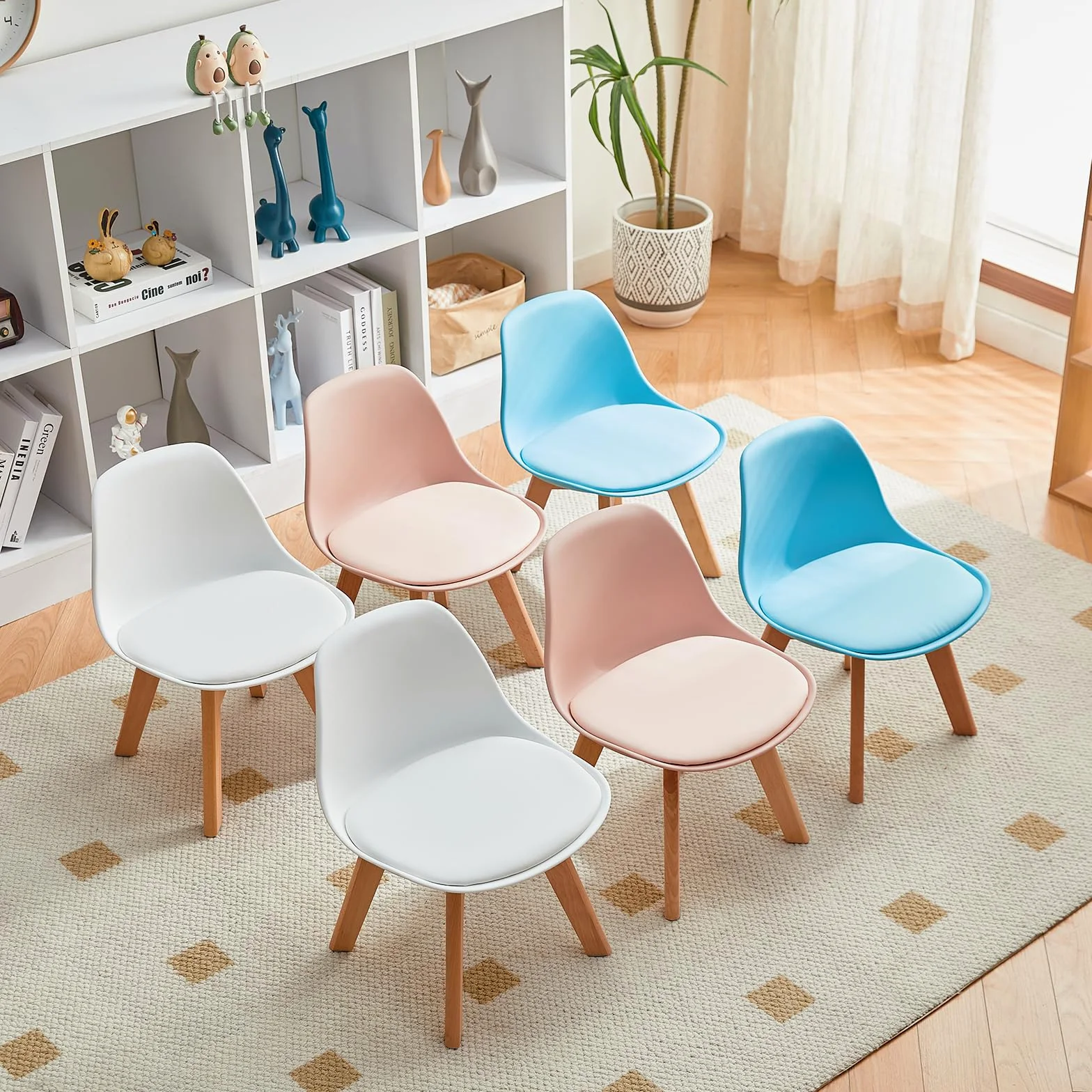 Set di 2 Sedie per Bambini con Gambe in Legno, Sedia Piccola in PP+PU con Schienale per Cameretta, Sedia da scrivania per Bambini, Bianco