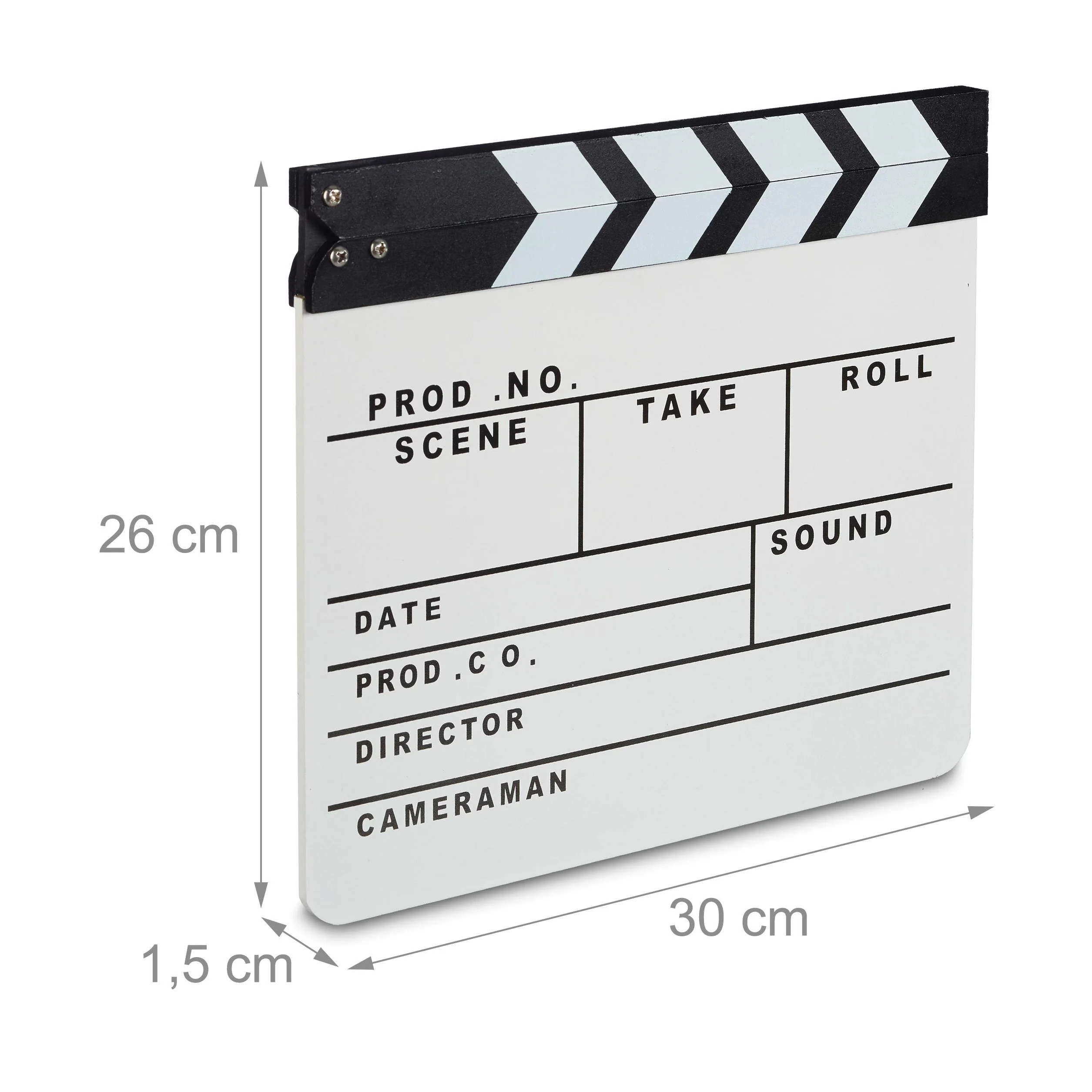Relaxdays Ciak Professionale in Legno, Accessori Regista Feste a Tema Film, Clapperboard Scrivibile, HxL 26x30cm, Bianco
